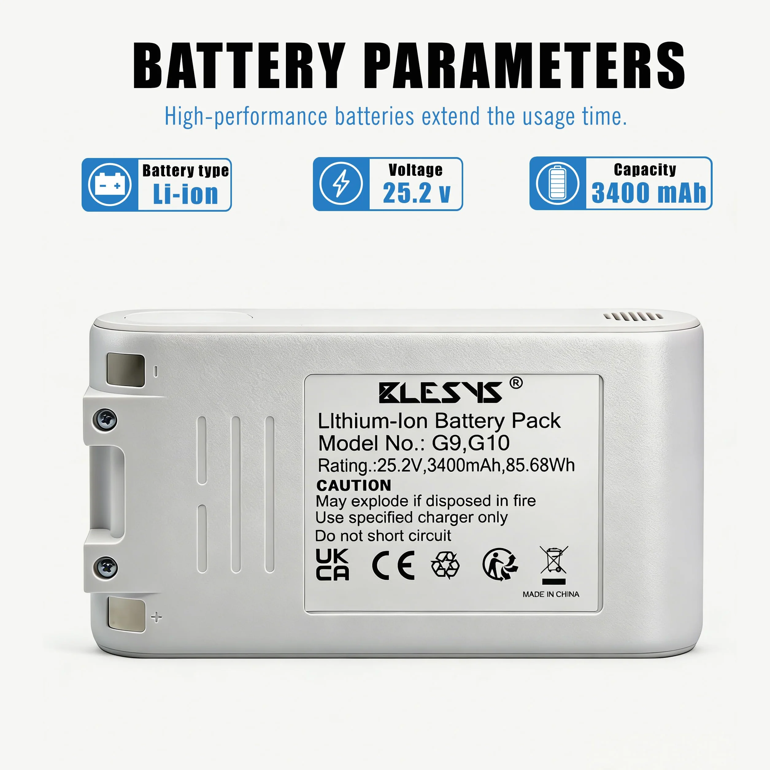 BLESYS 3400 mAh akumulator zastępczy do odkurzacza Xiaomi G9, G9 Plus, G10, G10 Plus, akumulator do Dreame T10, T20, T20 Pro, R10, R10 Pro, V12S, V16S [25,2 V/85,68 Wh]