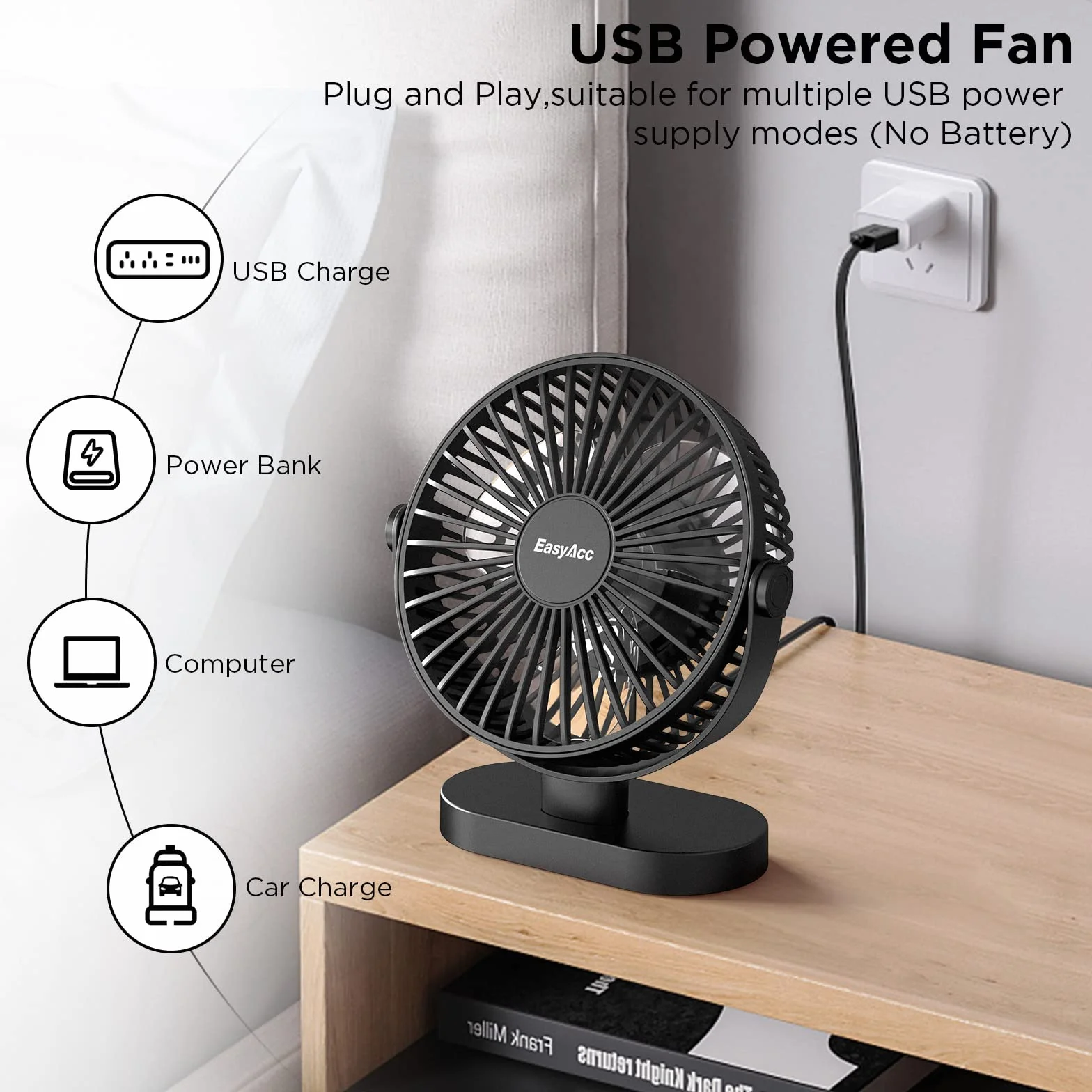 EasyAcc Mini wentylator stołowy USB przenośny wentylator biurkowy do biura, 4 prędkości, do biura, podróży, w Wielkiej Brytanii