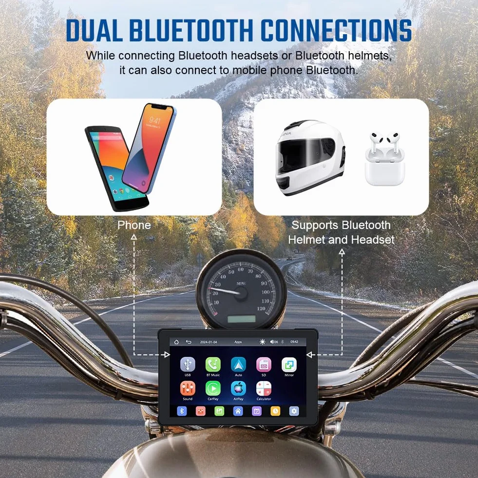 AXFEE Carplay motocyklowy ekran GPS, Carplay do motocykla z przenośnym uchwytem, CarPlay i Android Auto do motocykla, 7-calowy ekran dotykowy, podwójny Bluetooth, karta TF 32 G, GPS, Siri.
