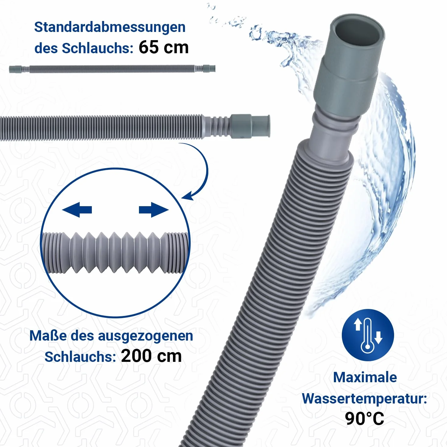 VIOKS Zestaw elastycznych węży spustowych do pralki 65-200 cm 19/21 mm Ø zacisk węża