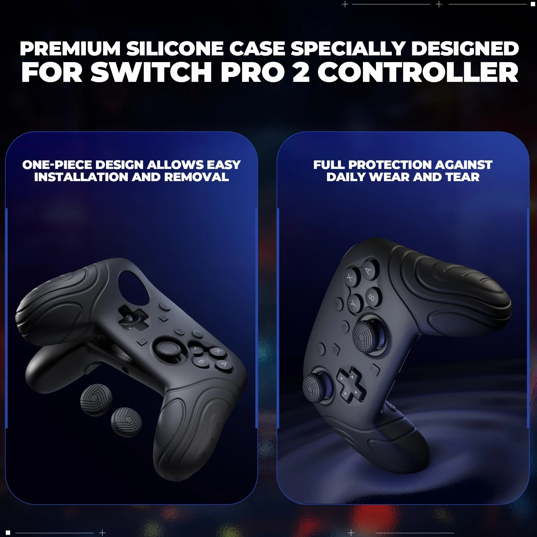 PlayVital Silikonowe Etui Ochronne do Switch 2 Pro z Osłonami na Tylne Przyciski, Nakładkami Joystick, Naklejkami, Antywstrząsowy Grip-Czarny