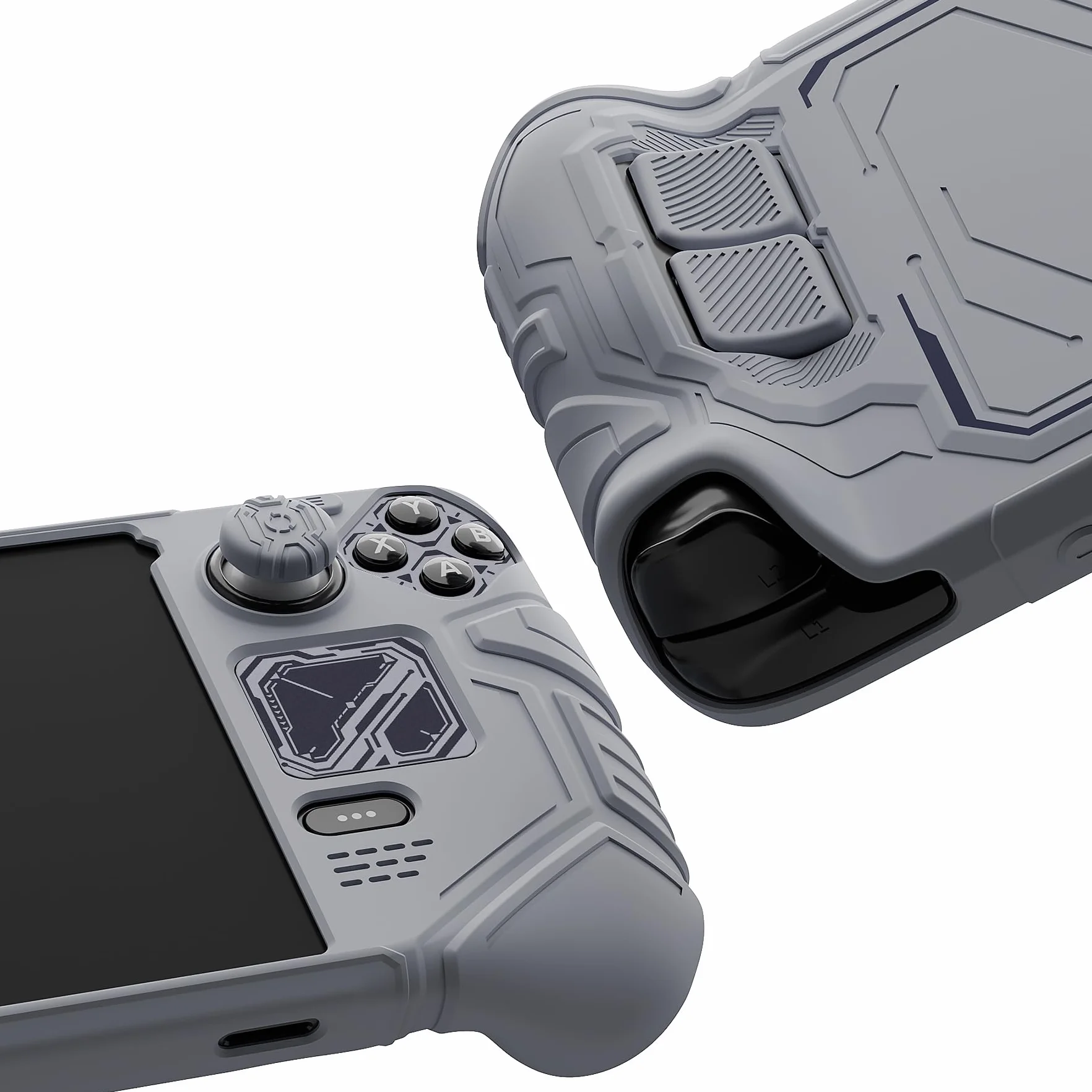 PlayVital Etui do Steam Deck OLED & LCD z Przyciskami Tylnymi & Nakładkami Joystick & Naklejkami,Silikonowy Pokrowiec do Steam Deck Akcesorium Ochronne– Szary Mécha