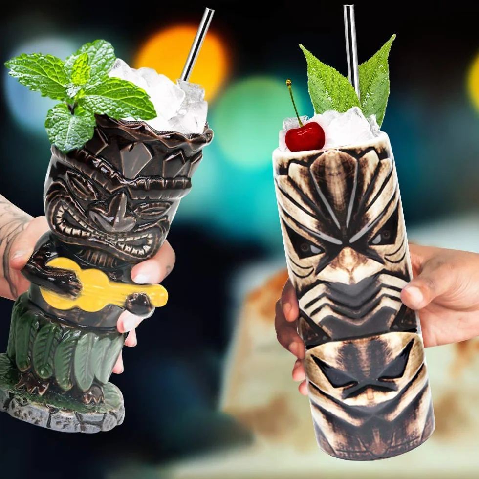 SuproBarware Tiki TJB02 TJB02 zestaw 4 ceramicznych kubków na imprezę hawajską, duże naczynia do picia, na koktajle, tropikalne kubki, napoje na egzotyczne przyjęcie, 4 szt