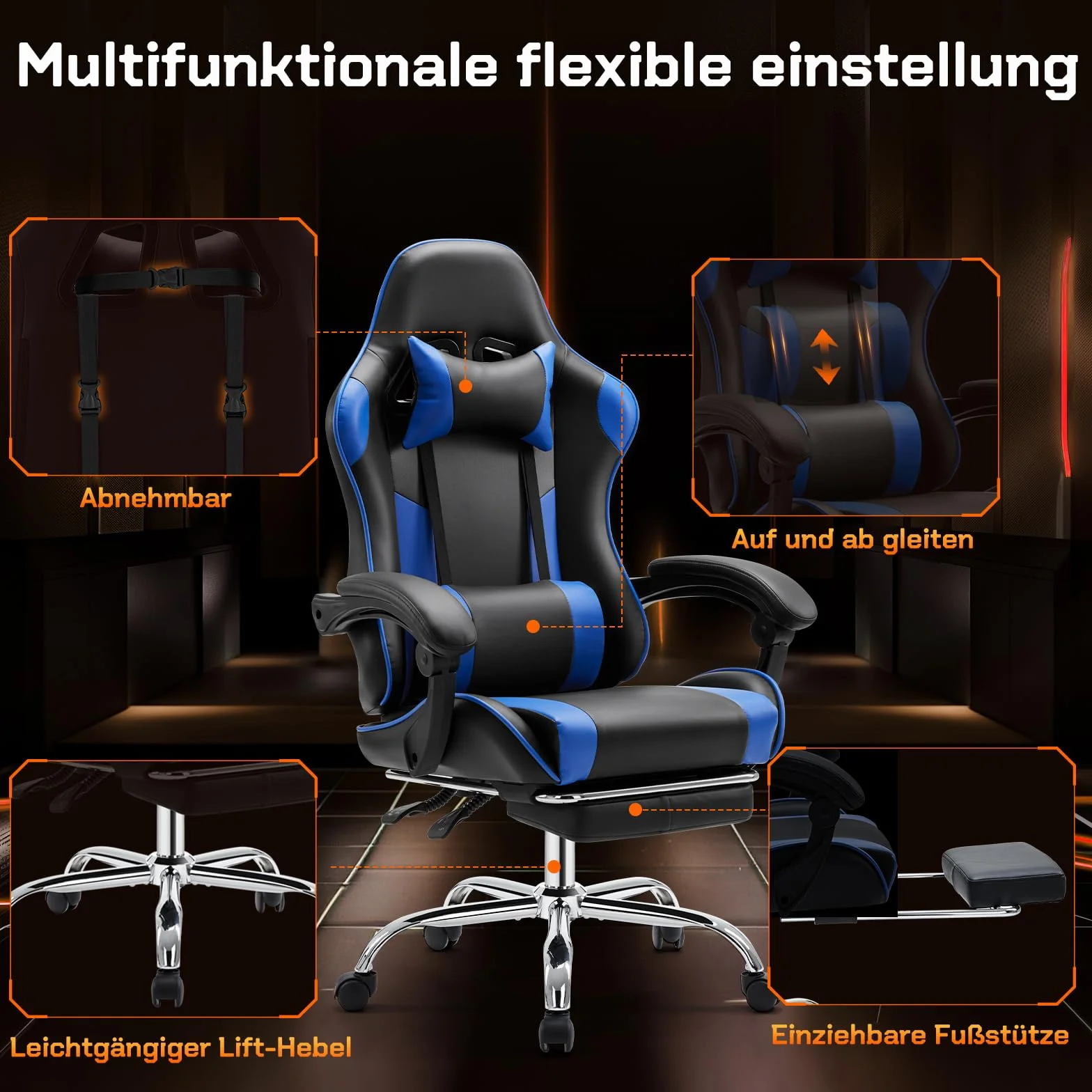 Sweetcrispy Fotel do gier ergonomiczny z podnóżkiem i podparciem lędźwiowym, PU, niebieski