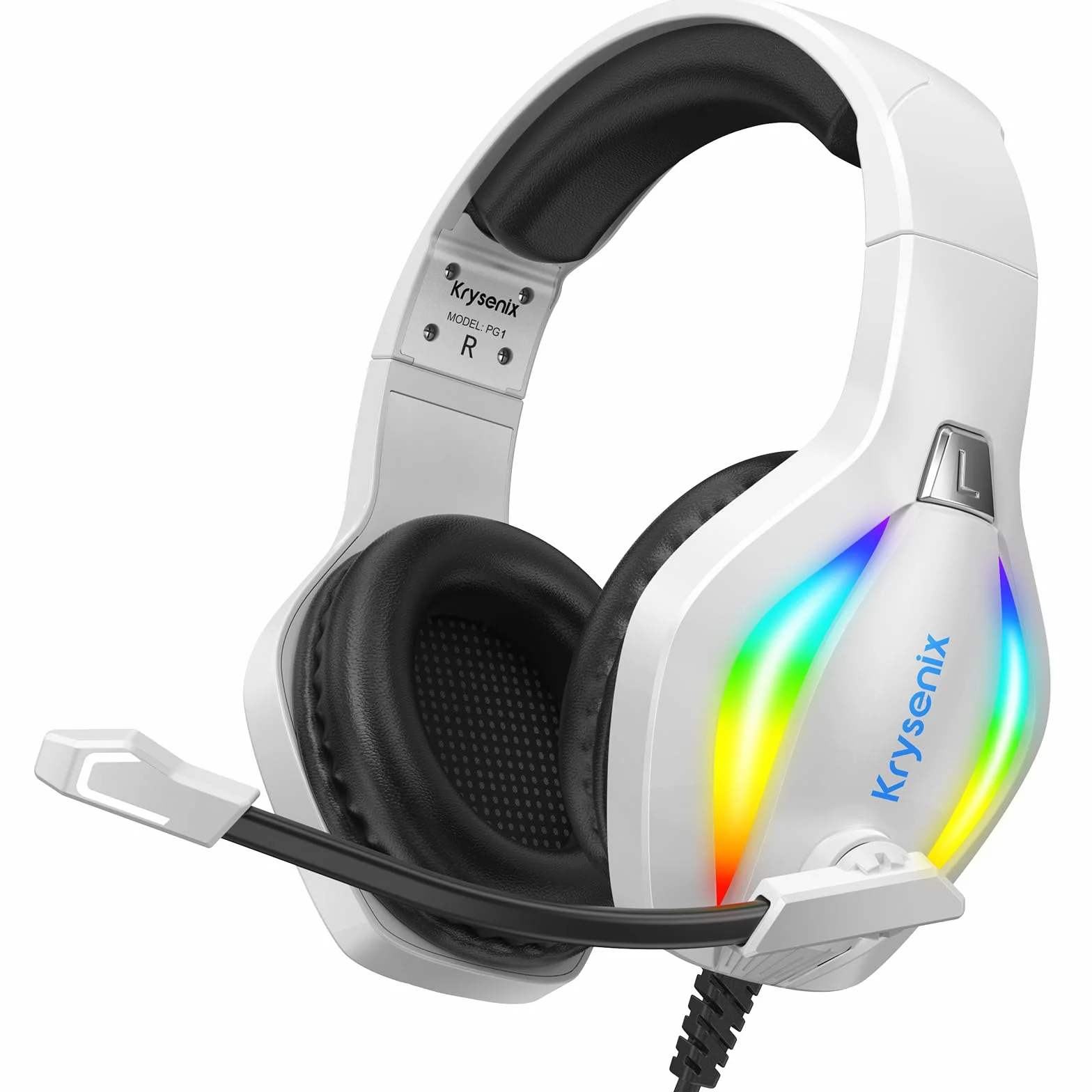 Krysenix PG1 Zestaw Słuchawkowy do Gier z Mikrofonem do PS4/PS5/PC/Xbox, Xbox One ze Światłem RGB, Gniazdem 3,5 mm, Biały