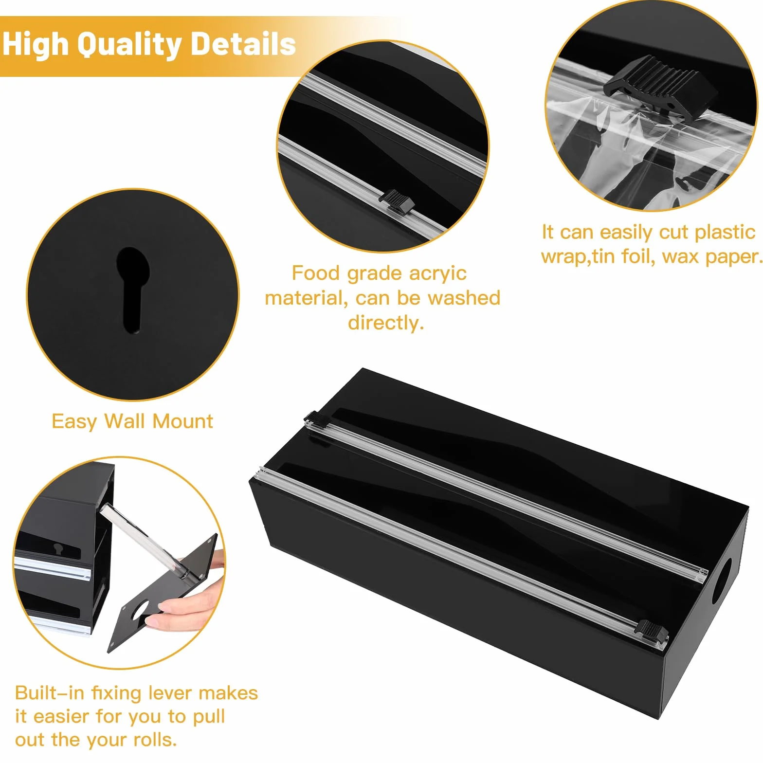 DBREAKS Akrylowy dozownik folii spożywczej, czarny dozownik folii spożywczej, aluminiowy organizer papieru, krajalnica do folii spożywczej do szuflady kuchennej