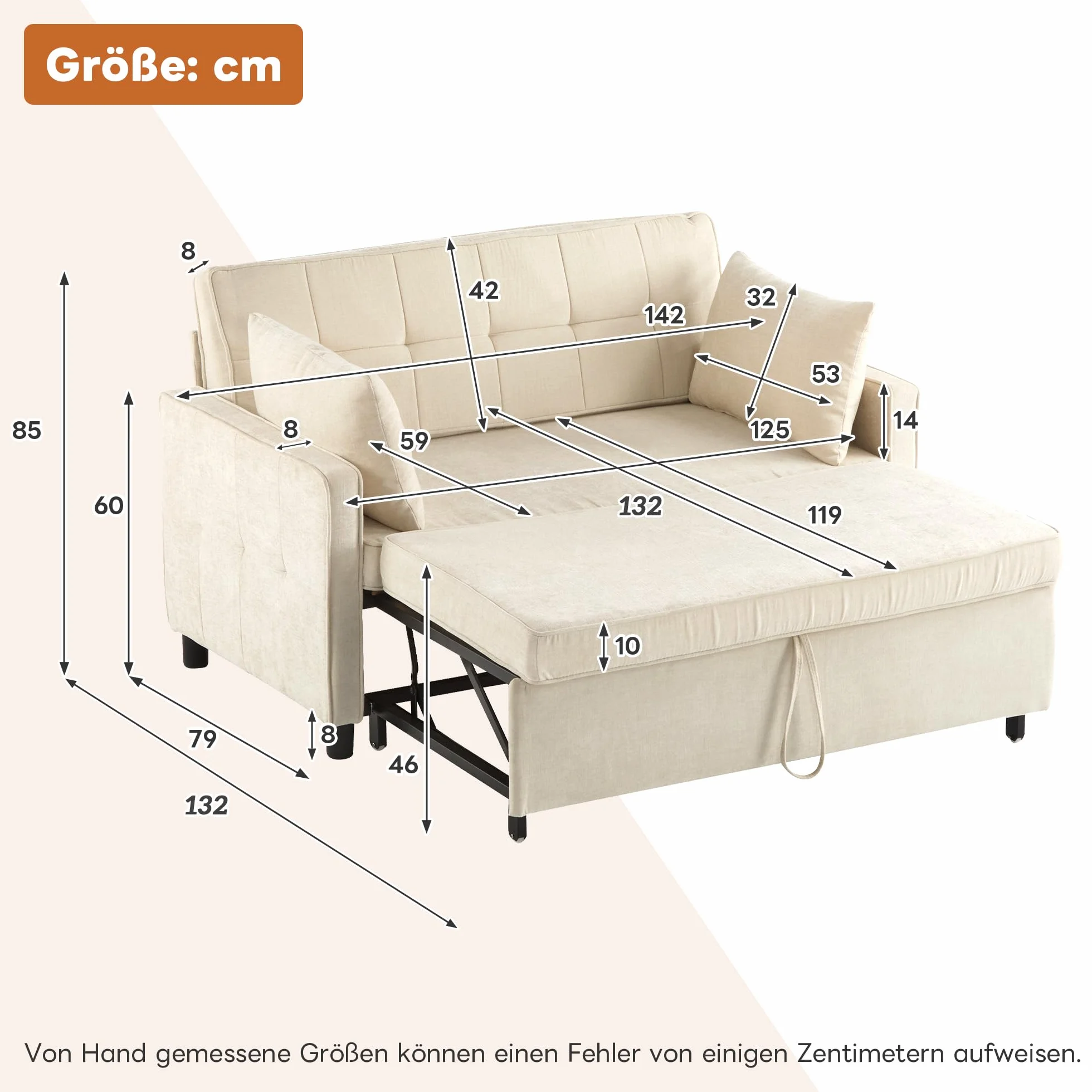 Sofa z funkcją spania 3 w 1 142x79x85 cm beżowa 2-osobowa z regulowanym oparciem
