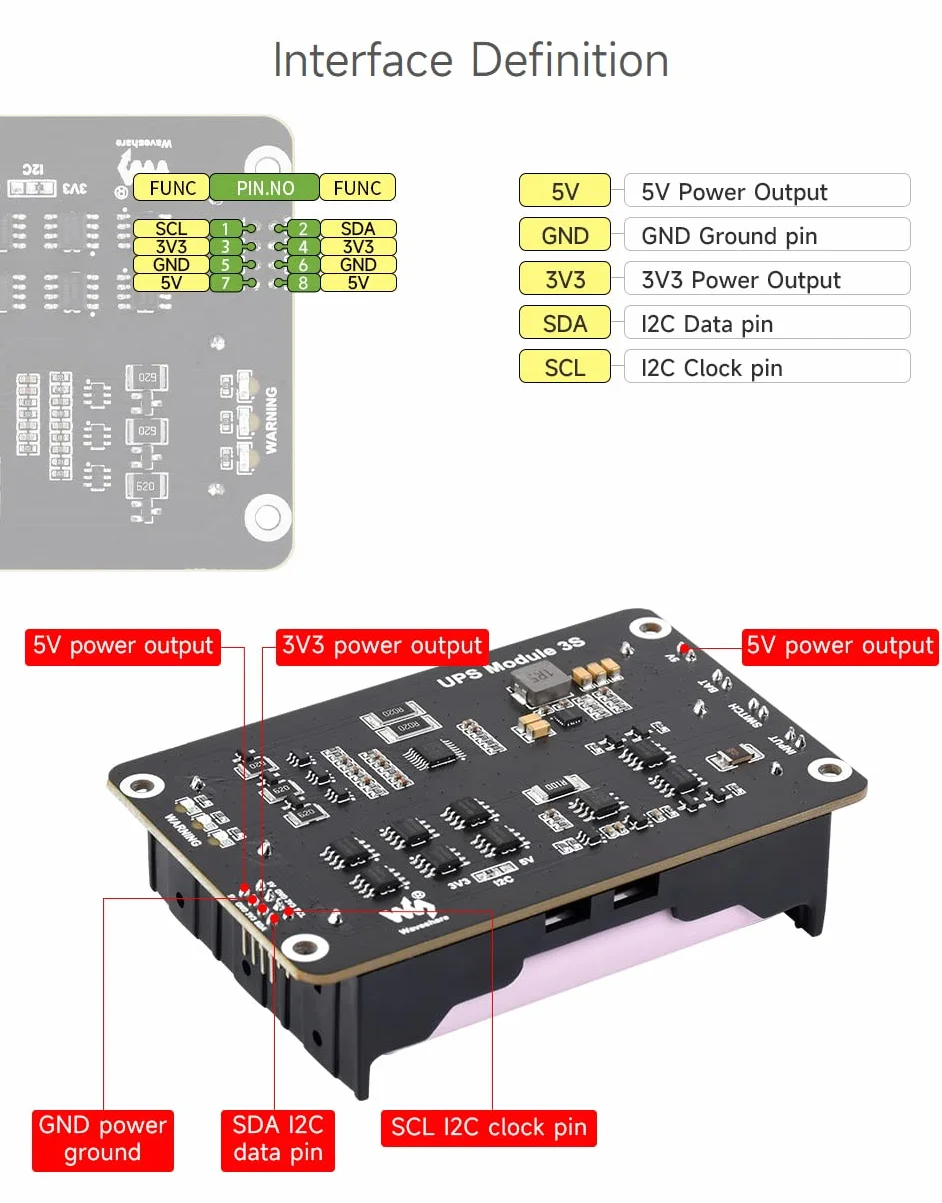 Waveshare Uninterruptible Power Supply UPS Module Supports Charging and Power Output at the Same Time 3S & 5V 5A Output