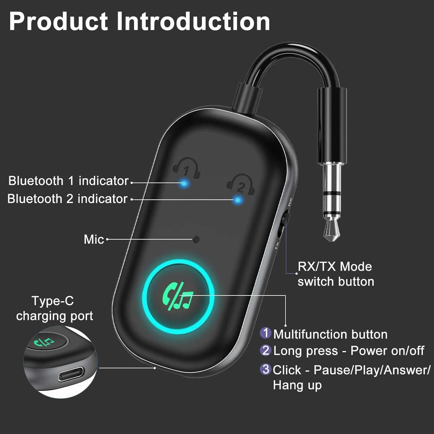 Najnowszy nadajnik-odbiornik Bluetooth 5.3, adapter Bluetooth AUX 2 w 1 z podwójnym połączeniem, 13-godzinny czas odtwarzania, Plug and Play, przenośny odbiornik audio Bluetooth do telewizora