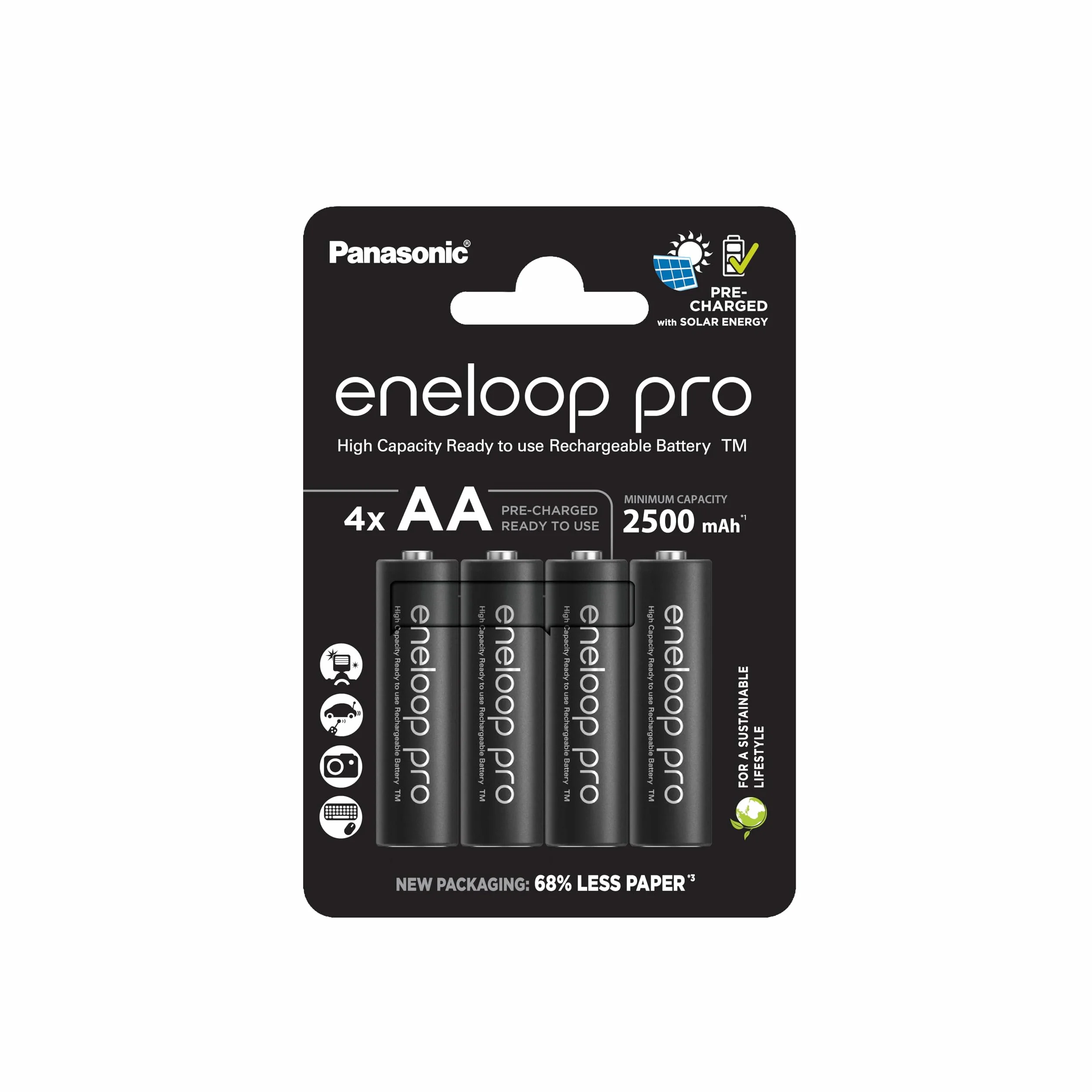 Panasonic eneloop pro | Ready-to-Use Ni-MH akumulatory, AA/Mignon, 4 sztuki w zestawie, min. 2500 mAh, 500 cykli ładowania, niski stopień samorozładowania w opakowaniu bez tworzyw sztucznych, Czarny
