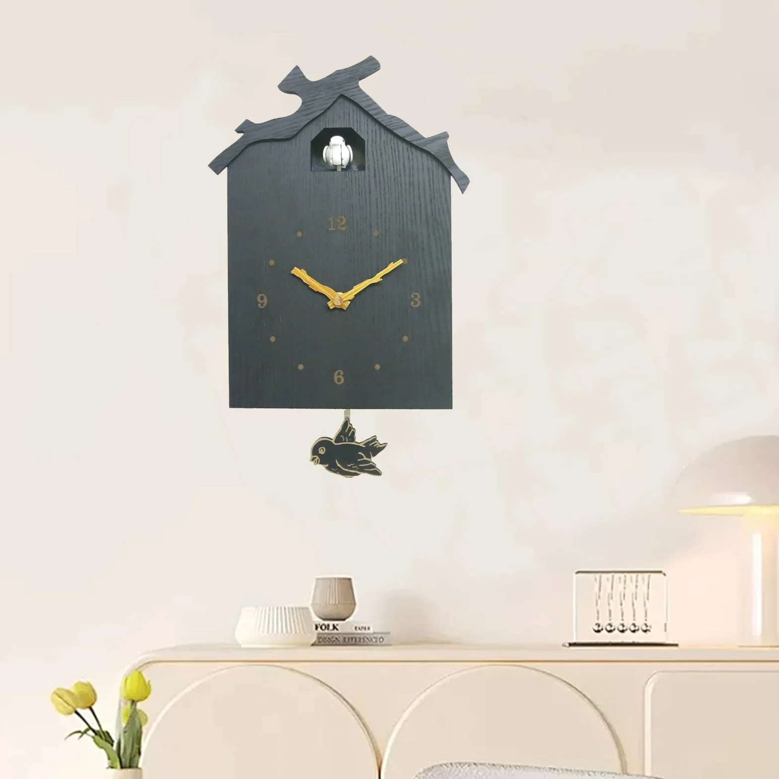 Zegar z kukułką z kukułką z głosem ptaka, nowoczesny zegar ścienny z funkcją odpoczynku w nocy, nowoczesny zegar z kukułką, drewniany z wahadłem, zasilany bateriami, nowoczesny zegar czarny
