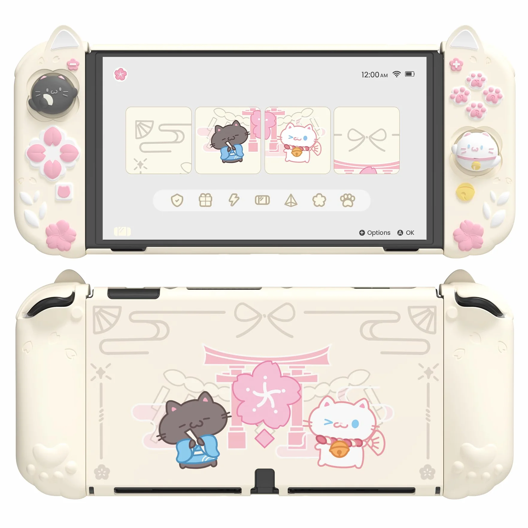 PlayVital Etui Ochronne do Switch OLED z Podpórką & Nakładkami na Joysticki,Twarda Obudowa Kompatybilna z Switch OLED Dockiem i Silikonowy Grip do Joyconów – Antyczna Żółć, Kotek & Kwiaty Wiśni