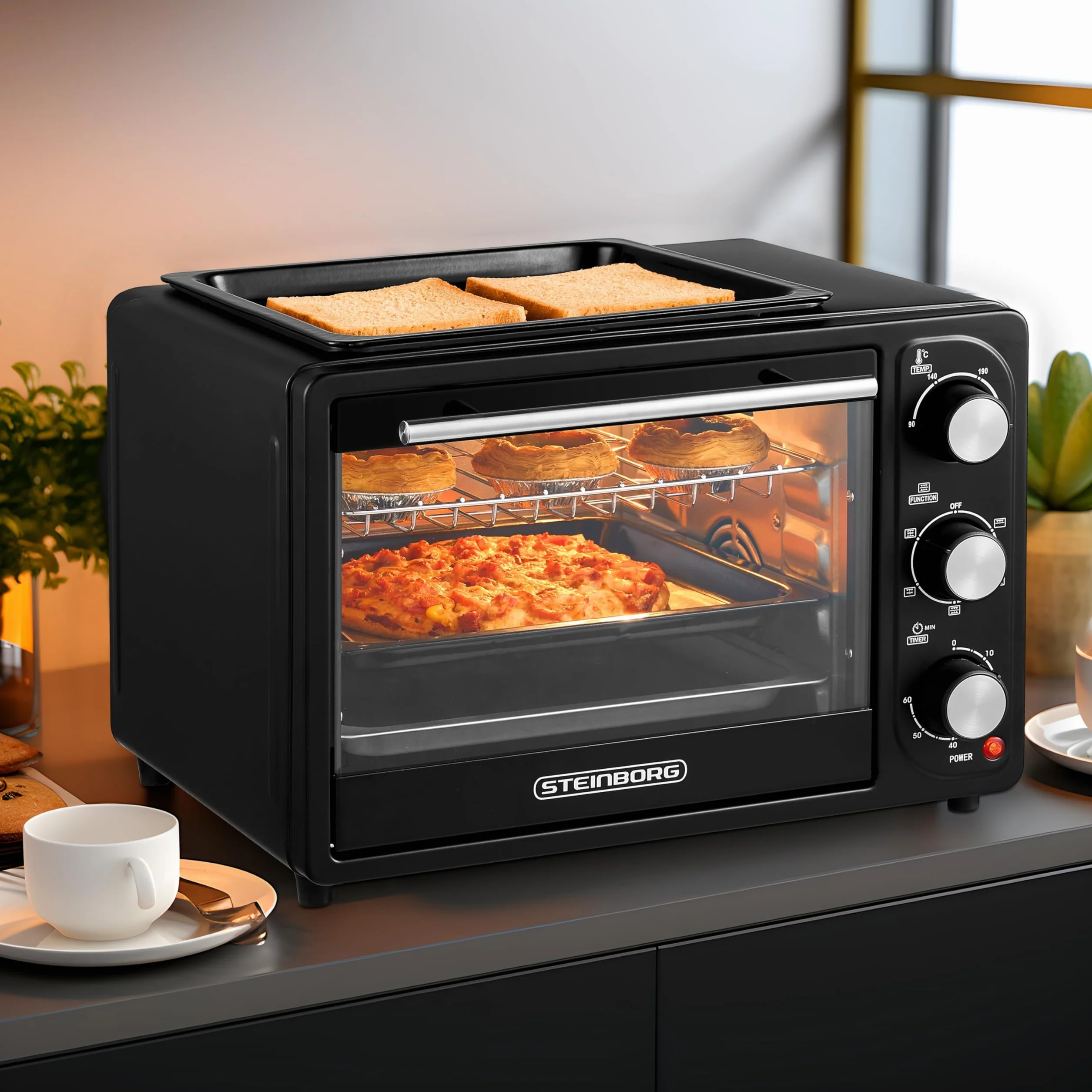 Mini piekarnik 3 w 1, 20 l, z konwekcją, z płytą utrzymującą ciepło, 2 blachy do pieczenia + ruszt do grillowania, mini piekarnik do pizzy, możliwość przełączania obiegu, zdejmowana płyta grillowa, 60
