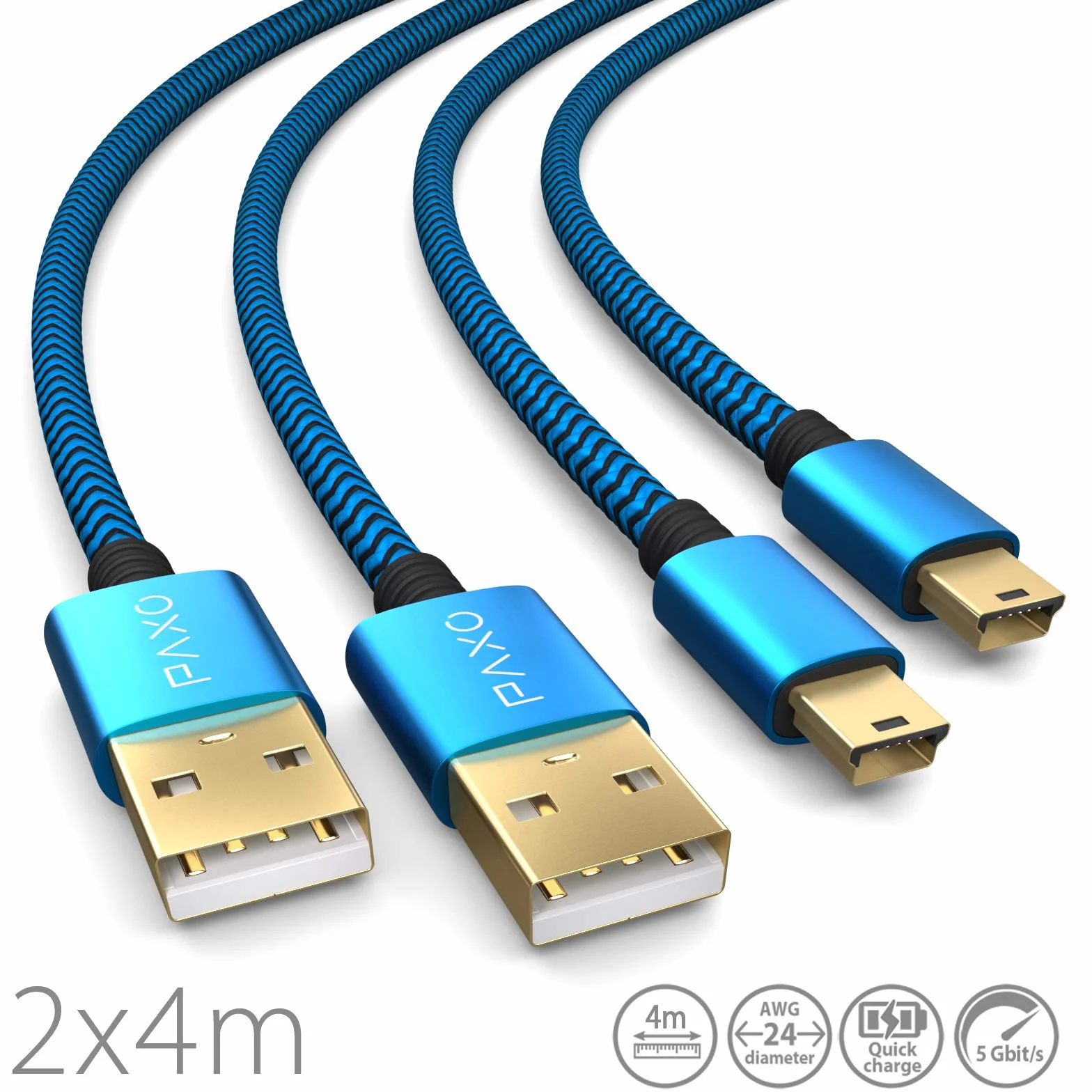 Kabel ładujący 2 x 4 m do kontrolera PS3, kabel USB na mini USB, długi, w oplocie, pozłacany, niebieski/czarny