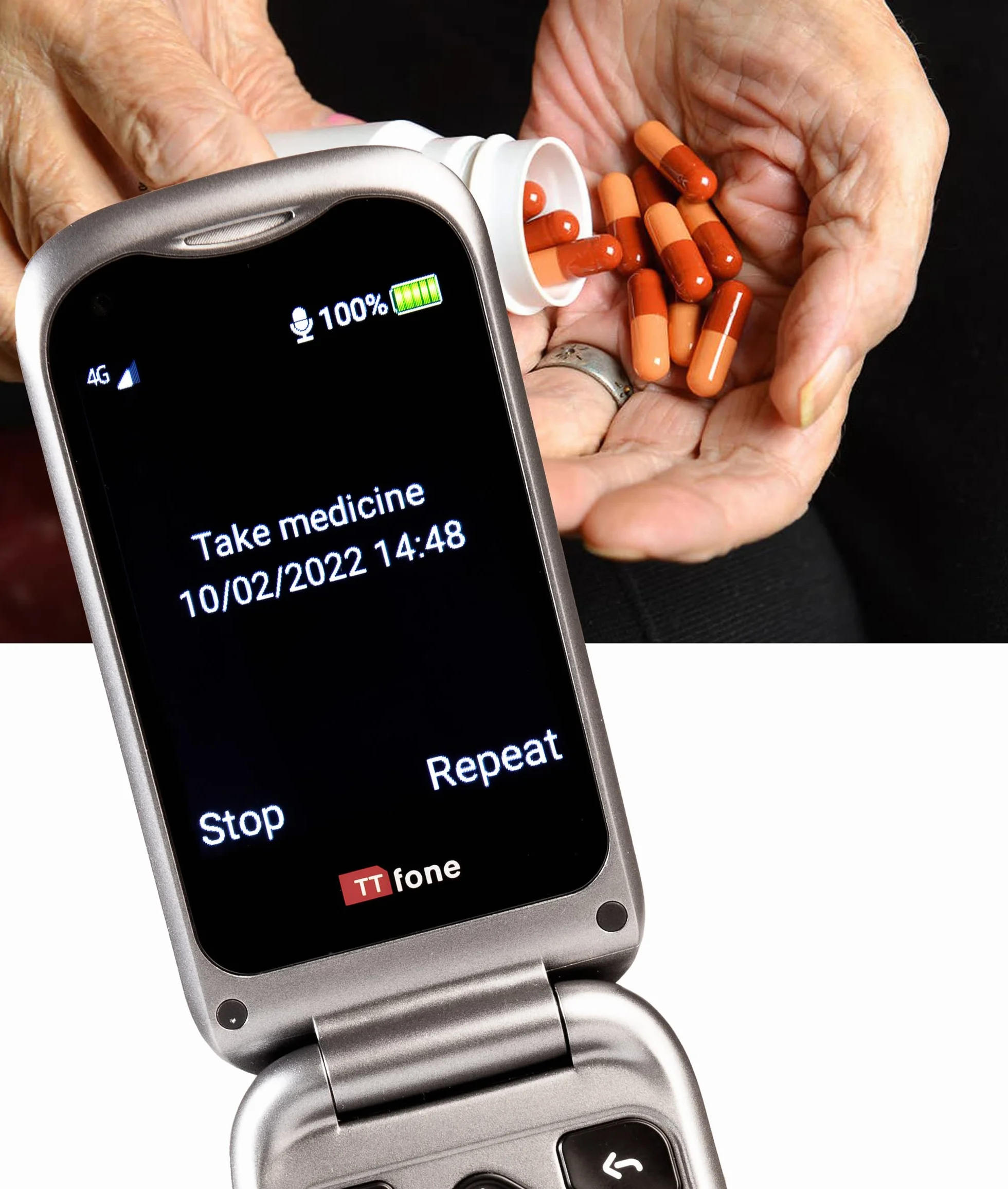 TTfone TT970 Ekran dotykowy Whatsapp 4G dla seniorów Duże klawisze Telefon komórkowy z klapką - z kamerą 8MP i aparatami słuchowymi kompatybilnymi oraz przyciskiem połączenia alarmowego