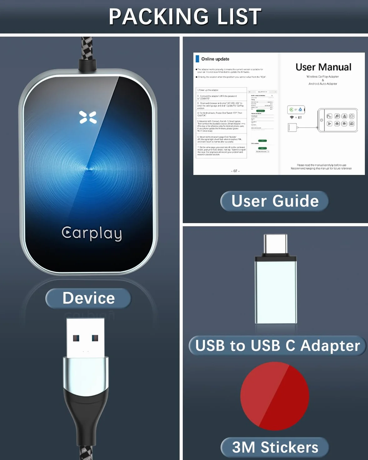 Adapter CarPlay z USB C/A i 5,8 GHz WiFi, umożliwiający konwersję fabrycznego przewodowego CarPlay na bezprzewodowy, funkcja Plug & Play, do samochodów od 2015 roku oraz iPhone z iOS 10+