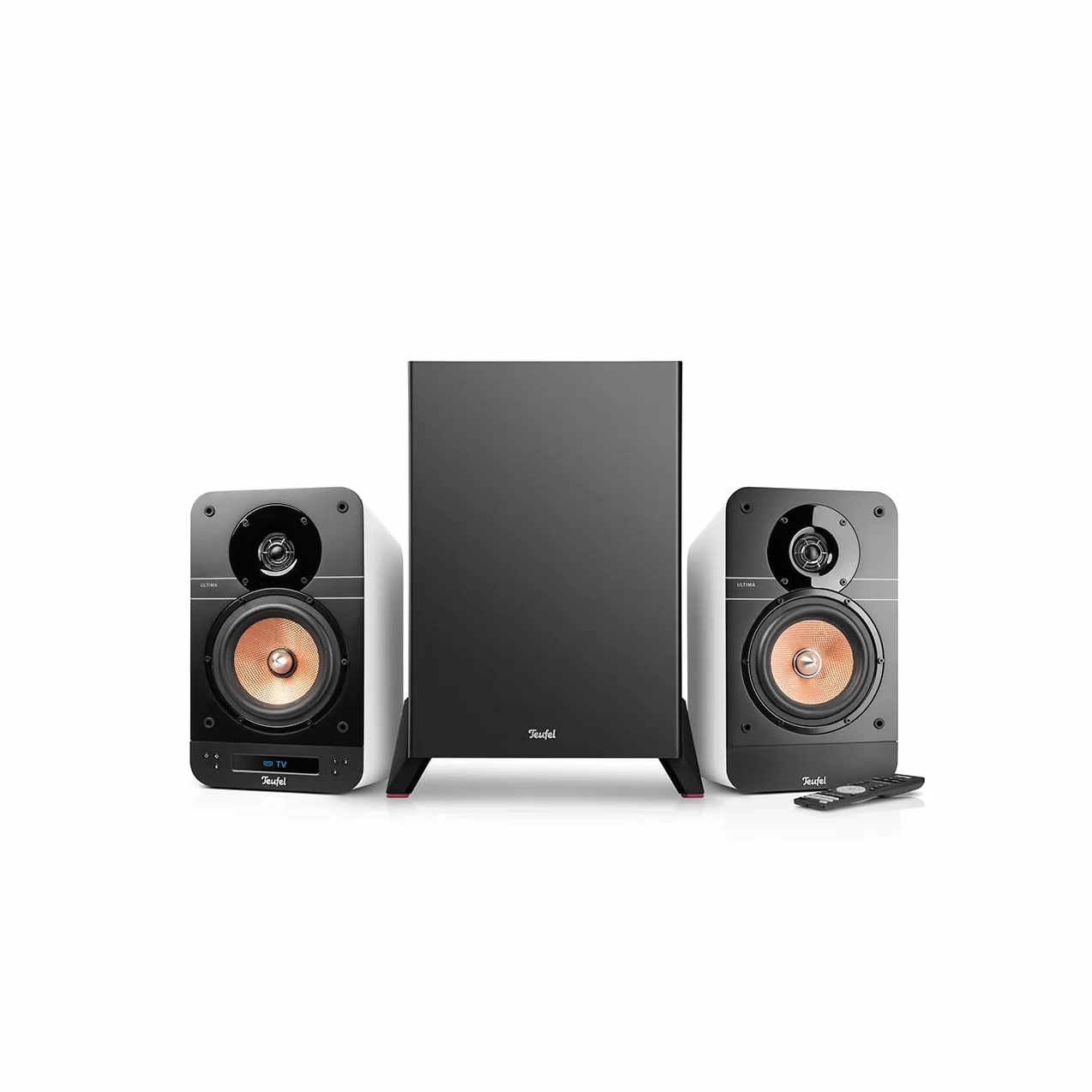 Teufel ULTIMA 25 AKTIV Club Edition 2.1 system dźwiękowy z bezprzewodowym subwooferem - aktywne głośniki regałowe z Bluetooth i zintegrowanym odbiornikiem AV, Dolby Audio, DAB+, HDMI ARC CEC, Touch