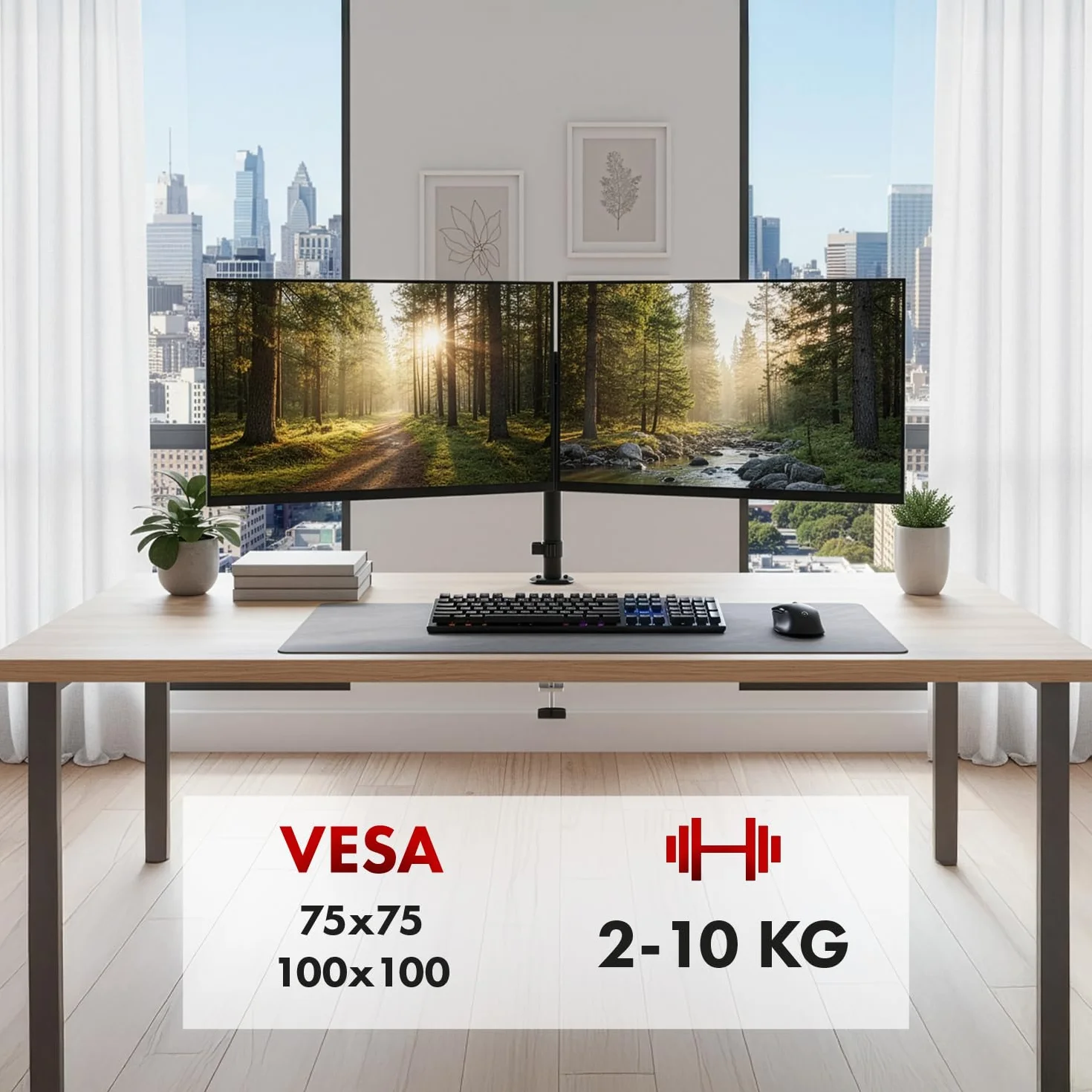Maclean MC-136 podwójny uchwyt na monitor 17-32", ze sprężyną gazową, regulacja wysokości, ergonomiczne, wychylne ramię monitora, do biura, domowego biura i gier, czarny