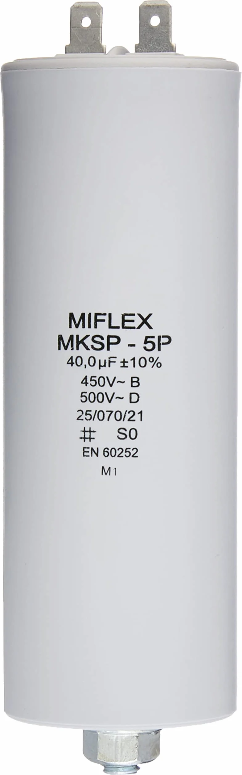 Kondensator rozruchowy kondensator silnika 40µF 450V 45x119mm wtyczka M8; Miflex, 40uF