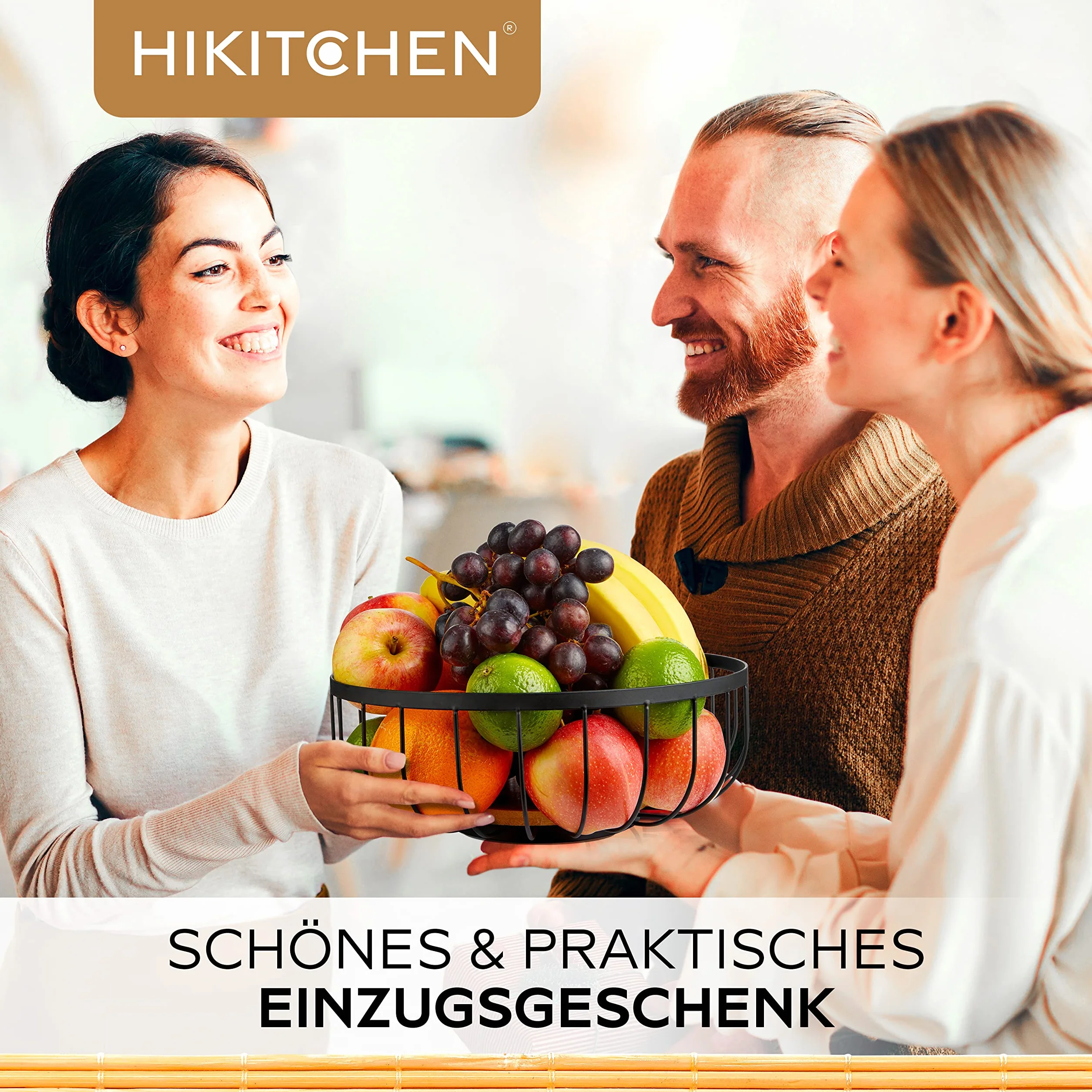 HIKITCHEN® Kosz na owoce - Dekoracyjna miska z metalu i bambusa - Kosz na owoce do kuchni i domu - Kosz na owoce, kosz na bułki (Czarny)