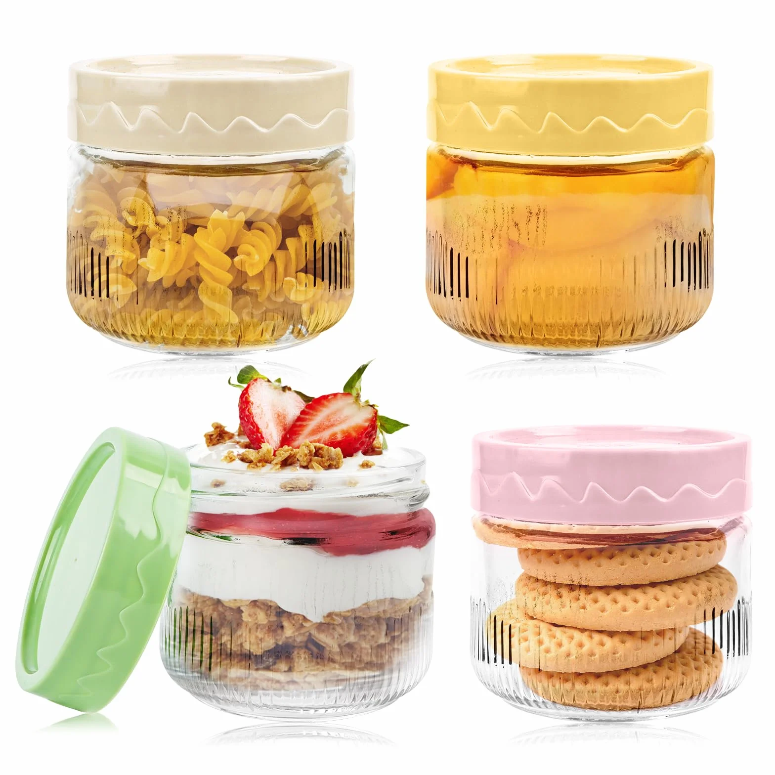 Overnight Oats słoika na owoce, 4 sztuki, 250 ml, szklane pojemniki na owsianki, puste słoiki do przechowywania, wielokrotnego użytku na jogurt, budyń, sałatkę, dżem