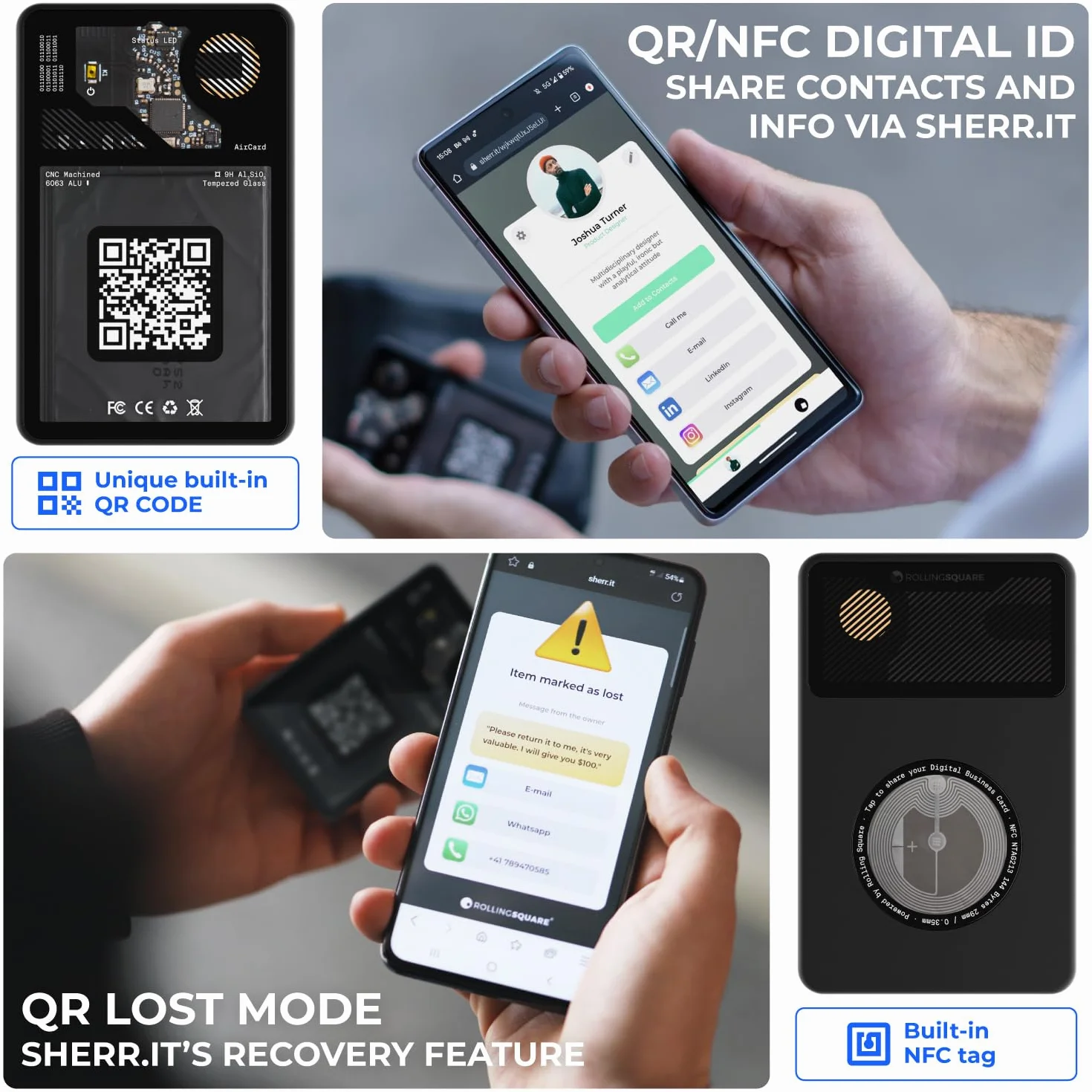 Rolling Square Aircard – lokalizator przedmiotów z funkcją śledzenia Bluetooth, znacznik NFC + karta biznesowa z kodem QR, kompatybilna z Apple Find My, lokalizator portfeli, bagaży, plecaków