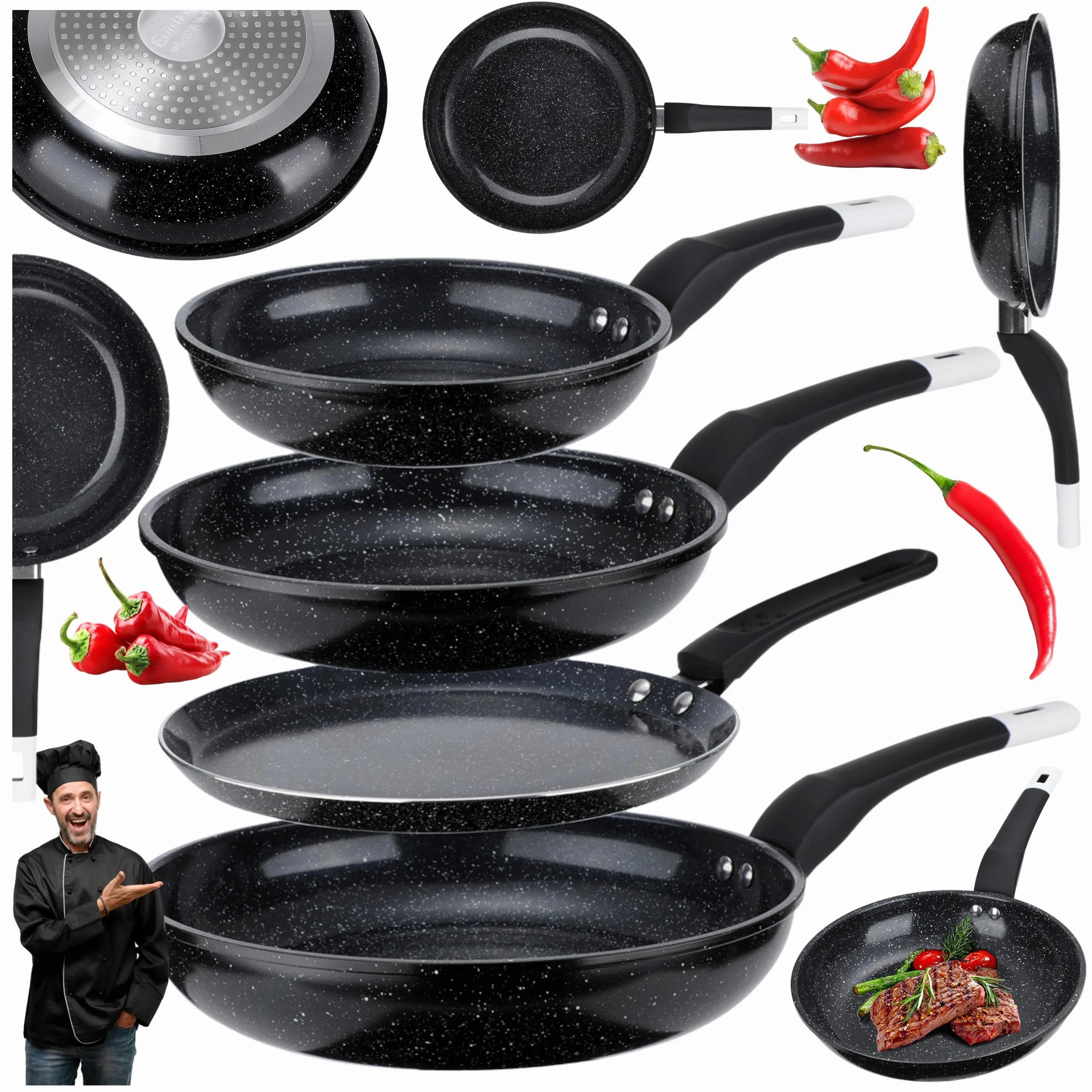 EliteHoff zestaw patelni indukcyjnych, 4-częściowy, 3 patelnie (20/24/28 cm) + patelnia do naleśników 24 cm, patelnia z powłoką nieprzywierającą do wszystkich typów kuchenek, czarny (4 szt, E-7539)