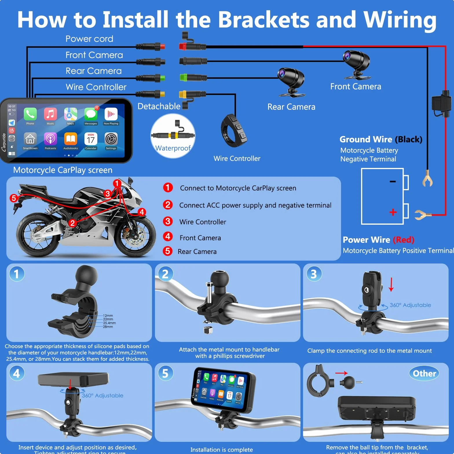 Carpuride W603D Motorcycle GPS Carplay Screen, Wireless CarPlay & Android Auto for Moto, z podwójnymi kamerami HD 1080P, pilotem, 6,3-calowym wodoodpornym ekranem dotykowym, nawigacja