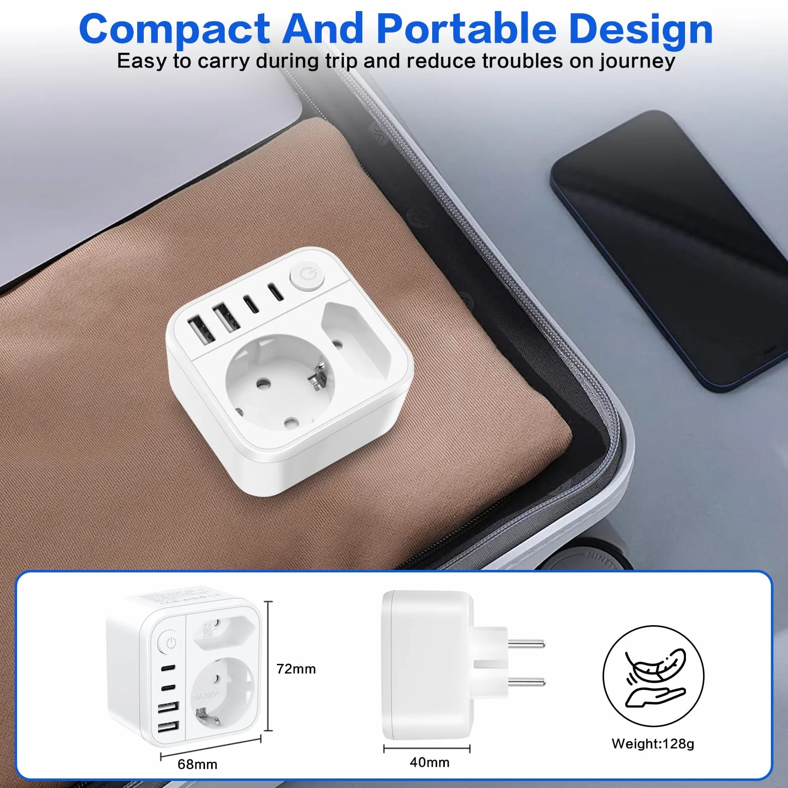 Listwa zasilająca z wejściem USB, 2-krotna, podwójna wtyczka do gniazdka z 4 listwami wtykowymi USB, listwa zasilająca do domu, biura, podróży, biała