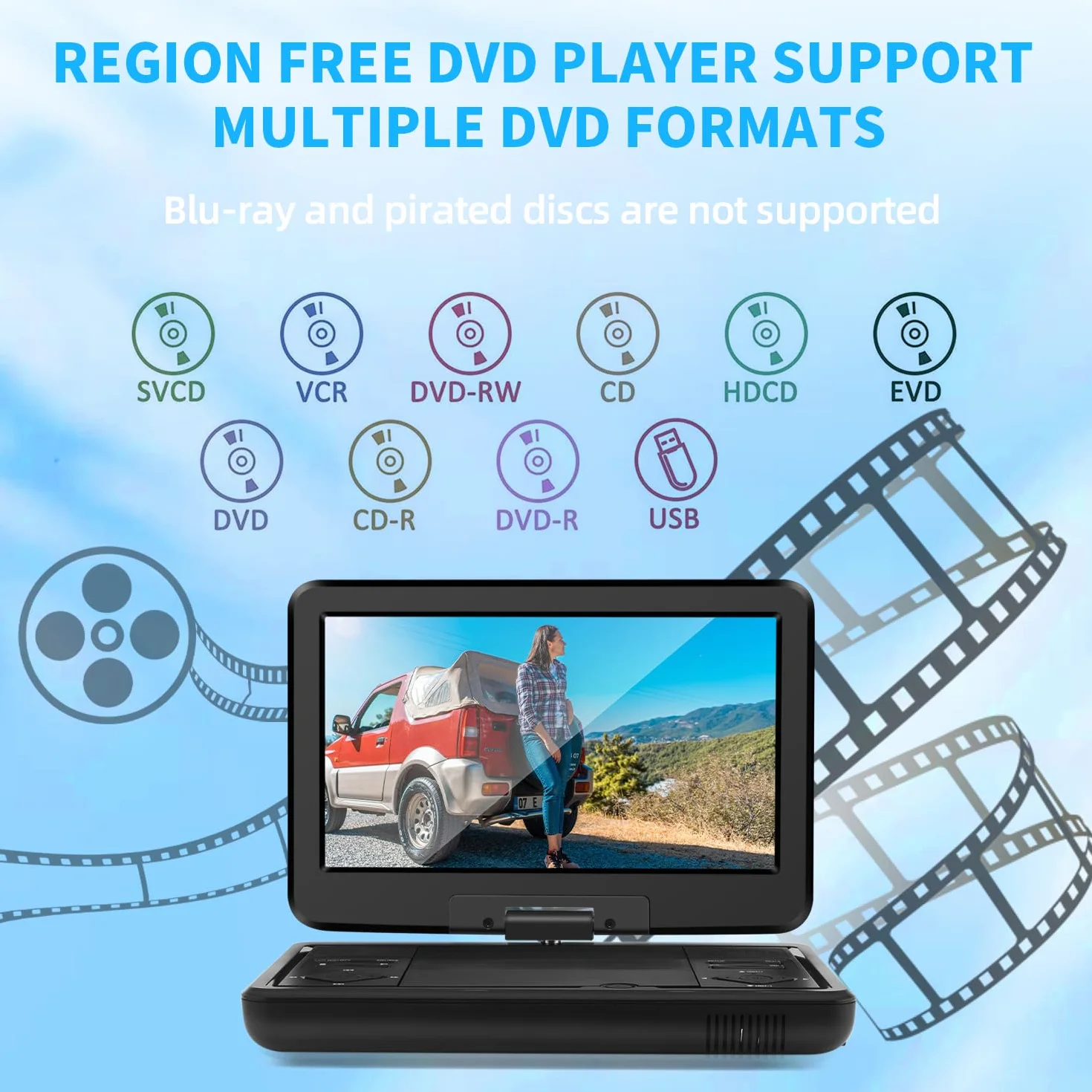KCR Przenośny odtwarzacz DVD 10,1 cala, wbudowany telewizor DVB-T2 z obrotowym wyświetlaczem LED/USB/HDMI/AV, akumulatorem i dwoma głośnikami