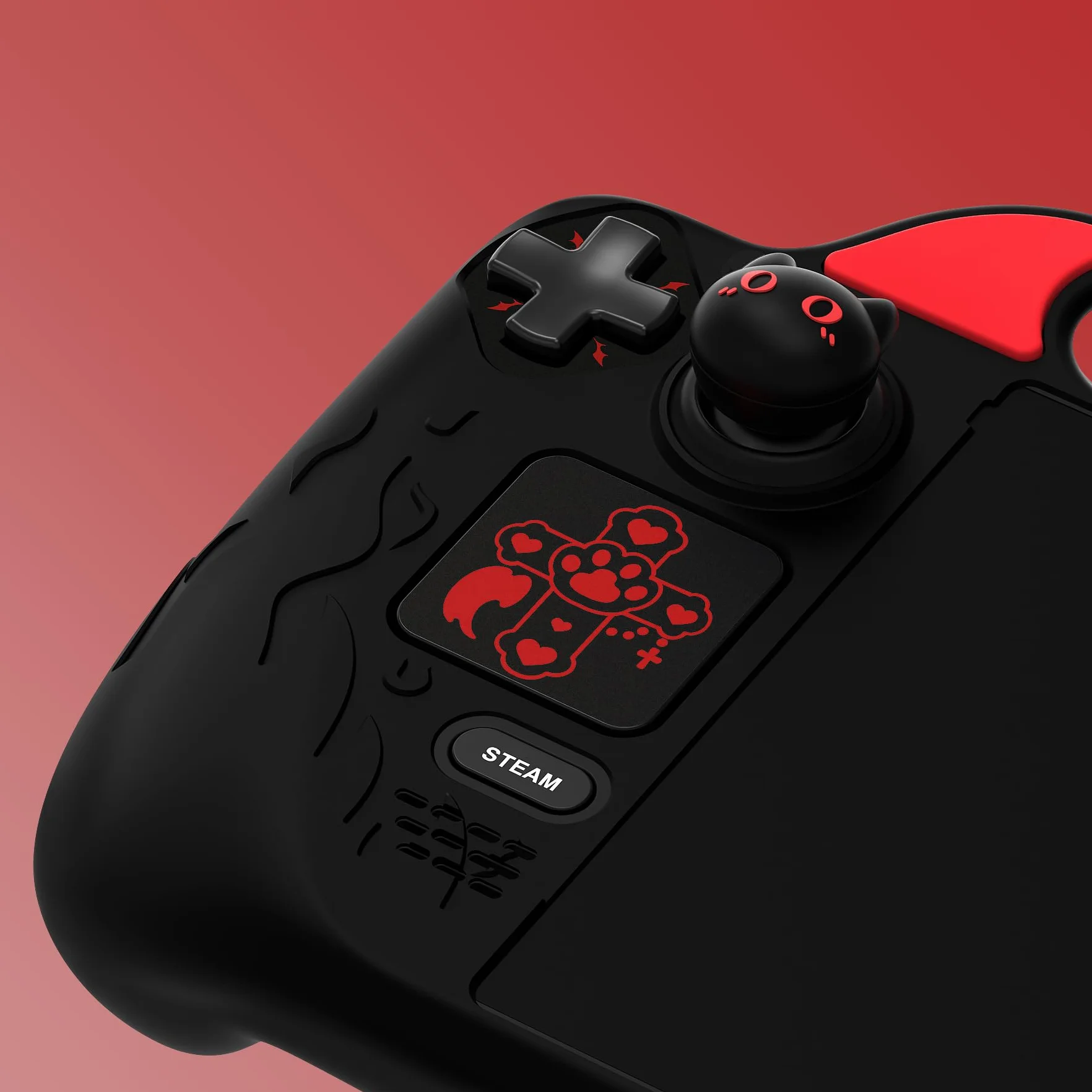 PlayVital Osłona do Steam Deck OLED/Steam Deck z Nakładkami na Joystick & Przyciskami & Naklejkami Trackpady,Ochronna Osłona Silikonowa Antypoślizgowa- Czarna, Uroczy Demon