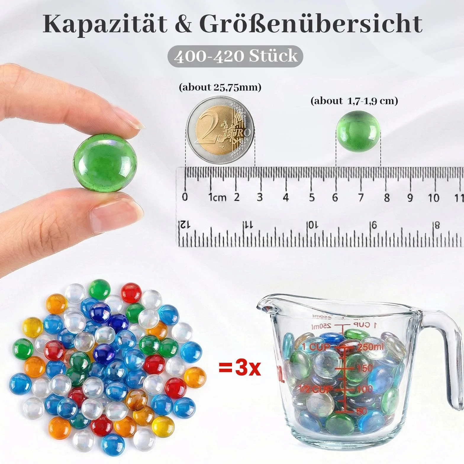 HAKACC Kolorowe szklane kamienie i mugole, 420 sztuk, 1800 g, 17-19 mm, kolorowe szklane nuggety do akwarium, wypełniaczy wazonów, hydroponiki i dekoracji, wysokiej jakości mieszane kolory