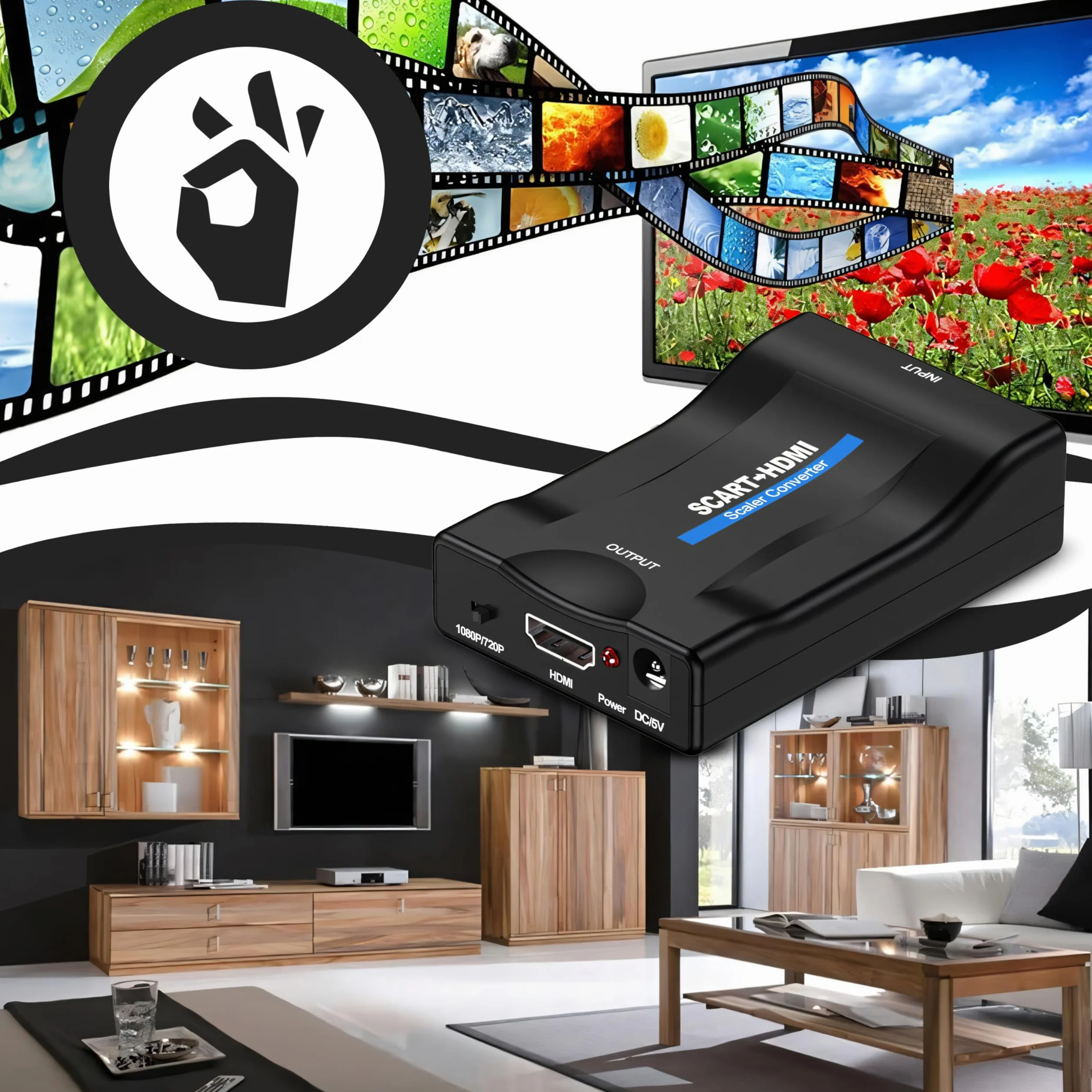 Retoo Konwerter SCART na HDMI, adapter przetwornik audio 1080p HD do HDTV STB VHS Xbox PS3 Sky Blu-ray DVD Player, adapter do HDTV VHS, obsługuje PAL, NTSC3.58. NTSC4,43