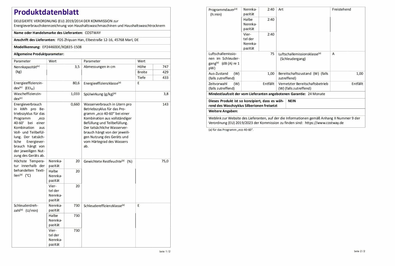 COSTWAY Pralka ładowana od góry automatyczna 3.5 kg 730 obr./min 75 dB biała