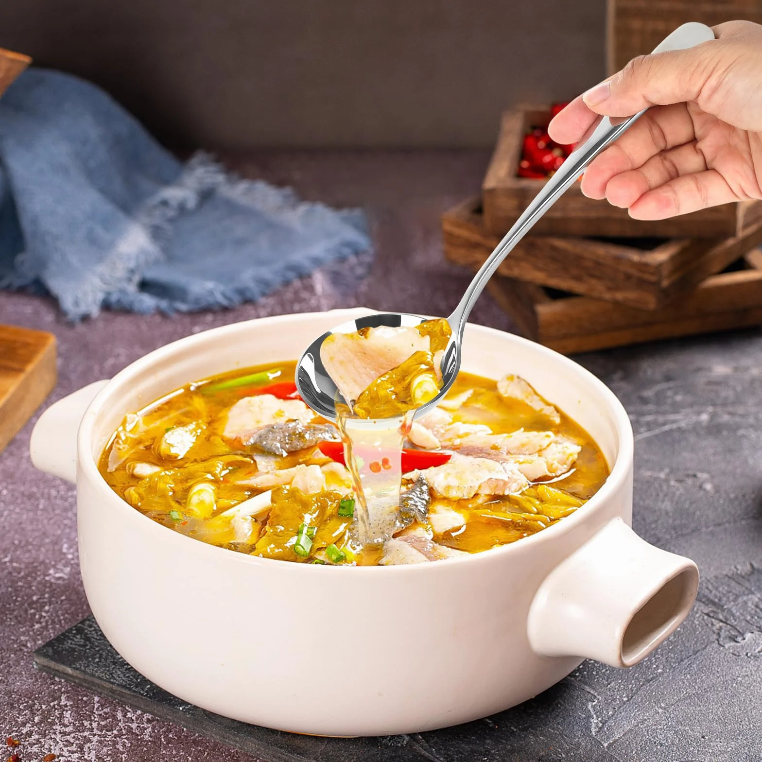Zestaw 2 łyżek cedzakowych i chochli do zupy ze stali nierdzewnej, chochla 20 cm, polerowana, łyżka do sosów, łyżka szczelinowa do gotowania ze stali nierdzewnej, nadaje się do mycia w zmywarce