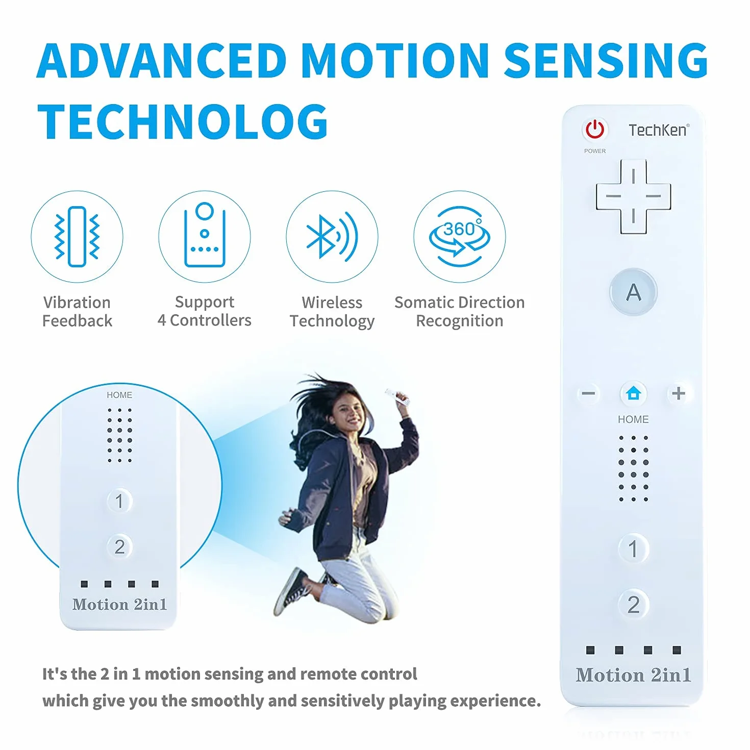 TechKen Zestaw 2 szt. Wii Remote Plus z Motion Plus i Nunchuck - Kontroler Zamiennik do Wii/WiiU