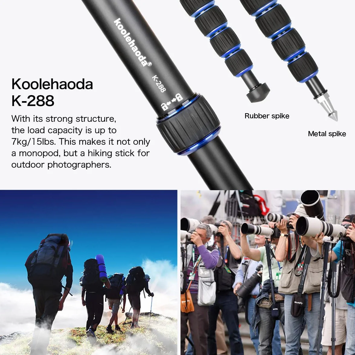 Koolehaoda Rozciągliwy Monopod do Aparatu Fotograficznego Ze Stopu Aluminium Z Podstawką Do Statywu, 5-Sekcyjny 52 cm-168 cm Regulowany Do Aparatów SLR Kamer Wideo, Ładowność Do 7 kg
