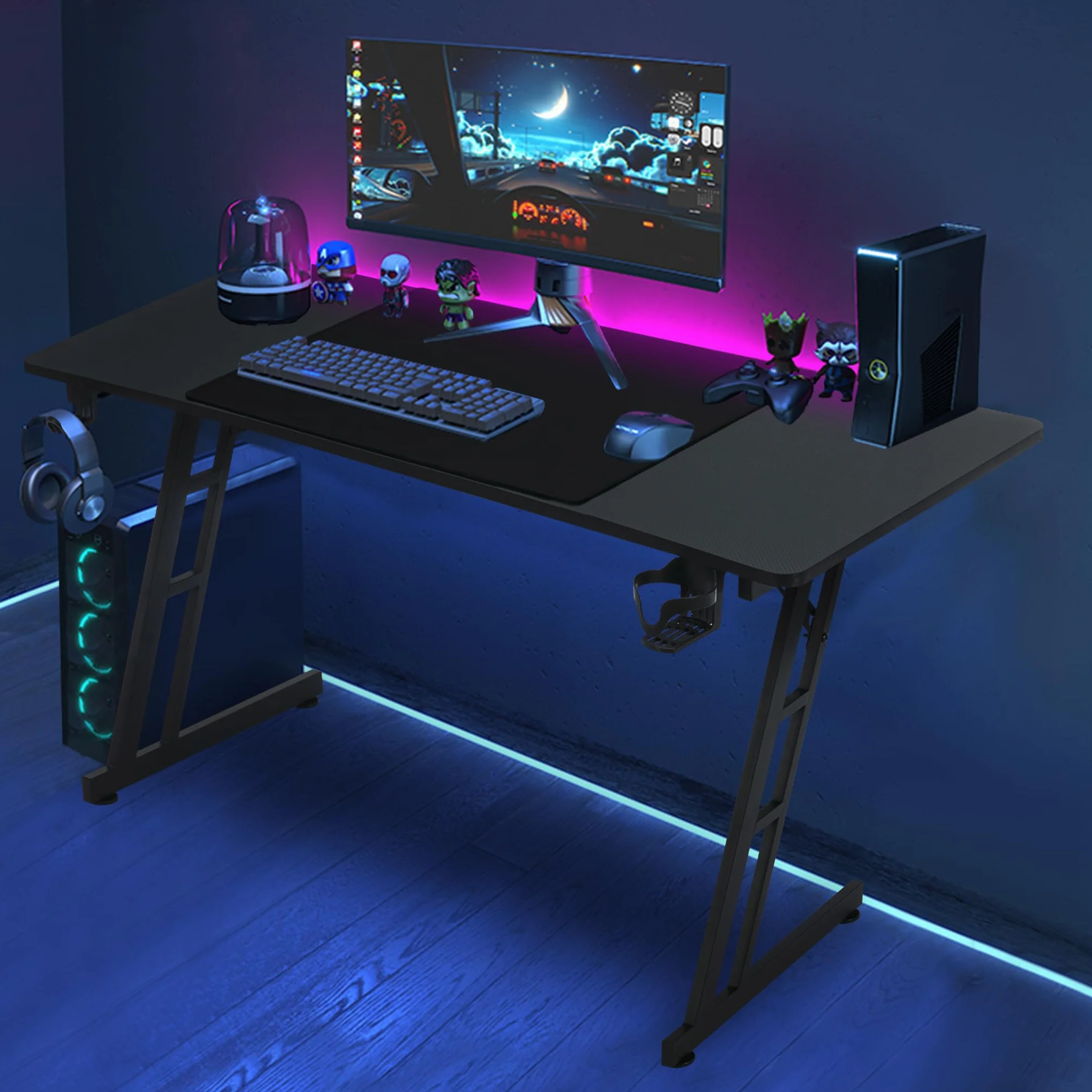 XMTECH 140 x 60 cm stolik gamingowy, biurko z ramą w kształcie litery Z, biurko komputerowe z powierzchnią z włókna węglowego, ergonomiczny stół komputera z hakiem na słuchawki i uchwytem na napoje