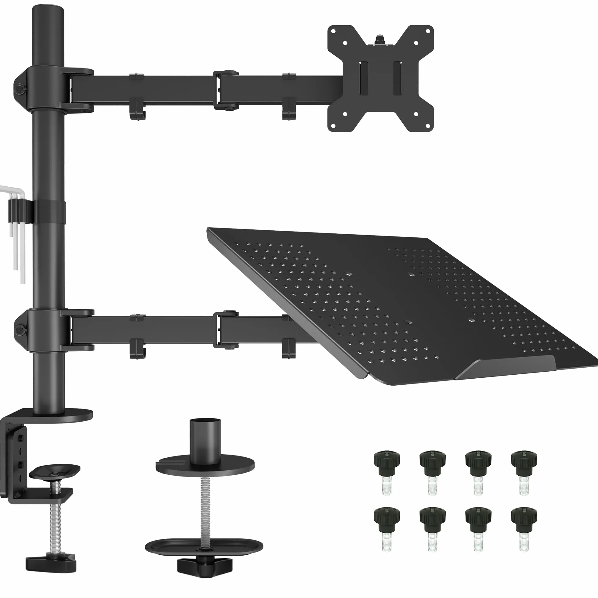 BONTEC Ramię monitora z tacą na laptopa, uchwyt na biurko na laptopa do ekranu 13-27 cali i 17 cali, regulacja wysokości, pełny ruch VESA, obrót nachylenia o 360°, zarządzanie kablami w zestawie