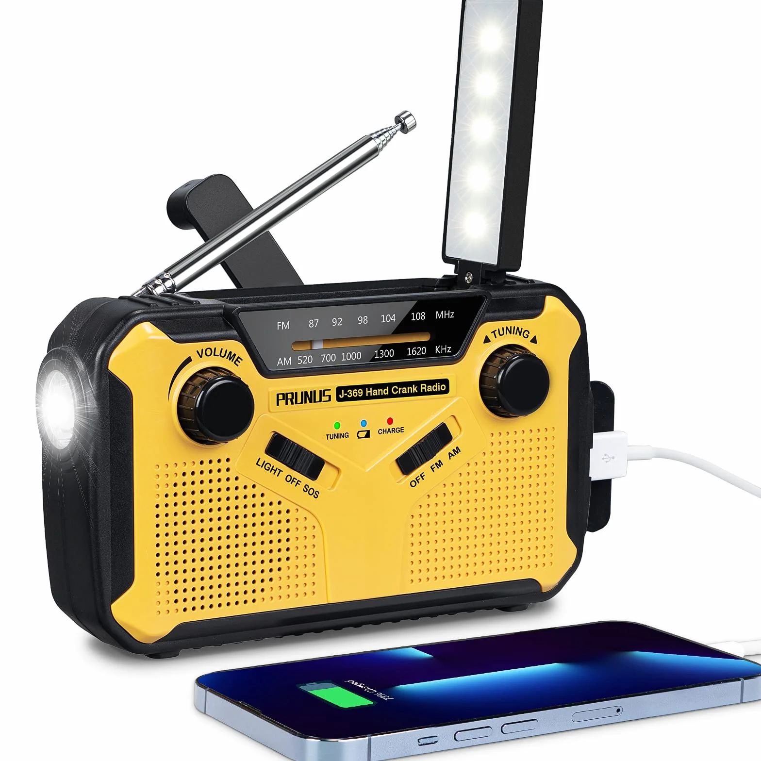 Radio z nakręcanym mechanizmem, PRUNUS J-369 Sprzęt survivalowy, przenośne radia AM/FM, radio zasilane baterią z powerbankiem o pojemności 3000 mAh, radia solarne z latarką, lampką do czytania i alarm