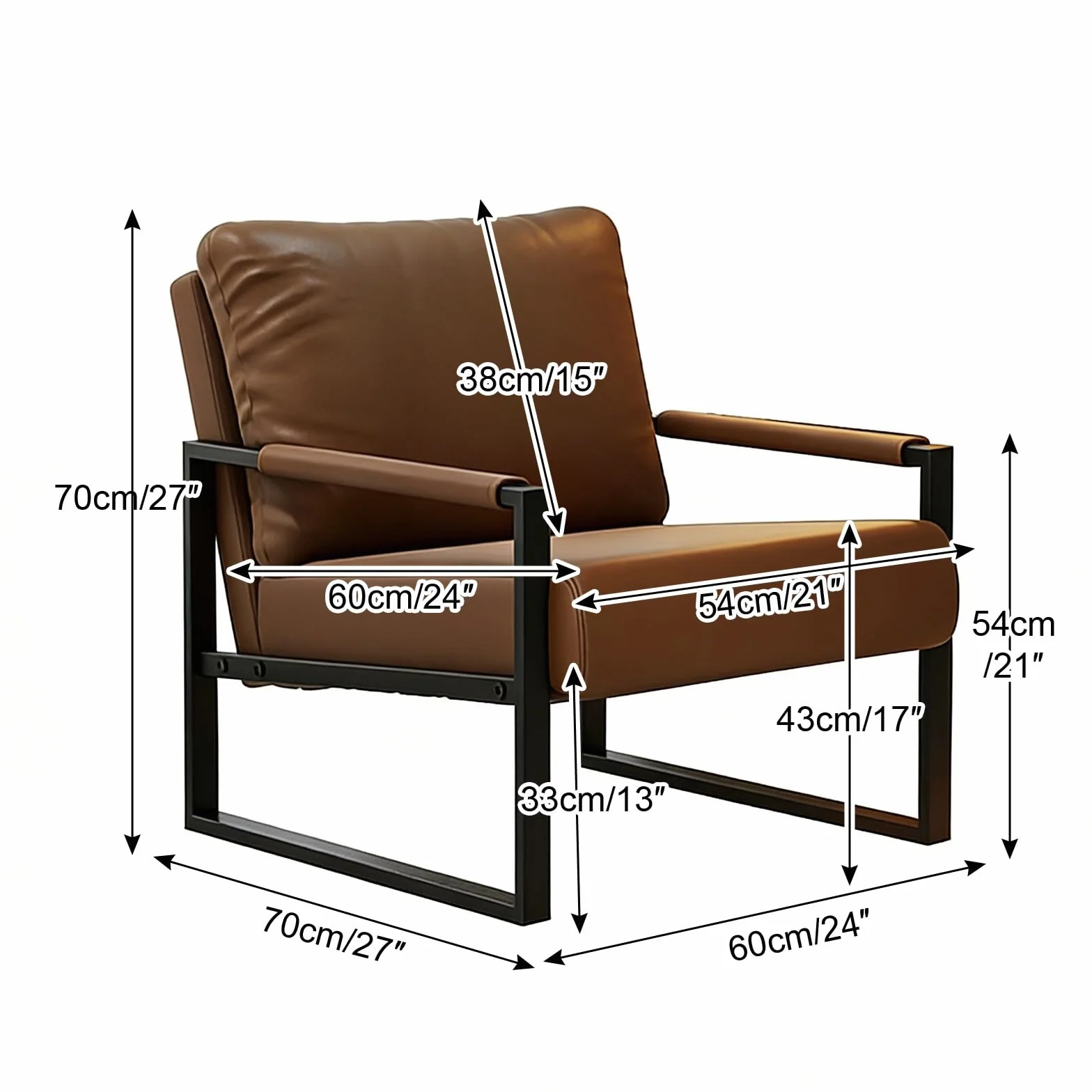 Fotel Akcentowy ze Skóry Naturalnej z Oparciem, Nogi z Czarnego Metalu, Brązowy 70cm