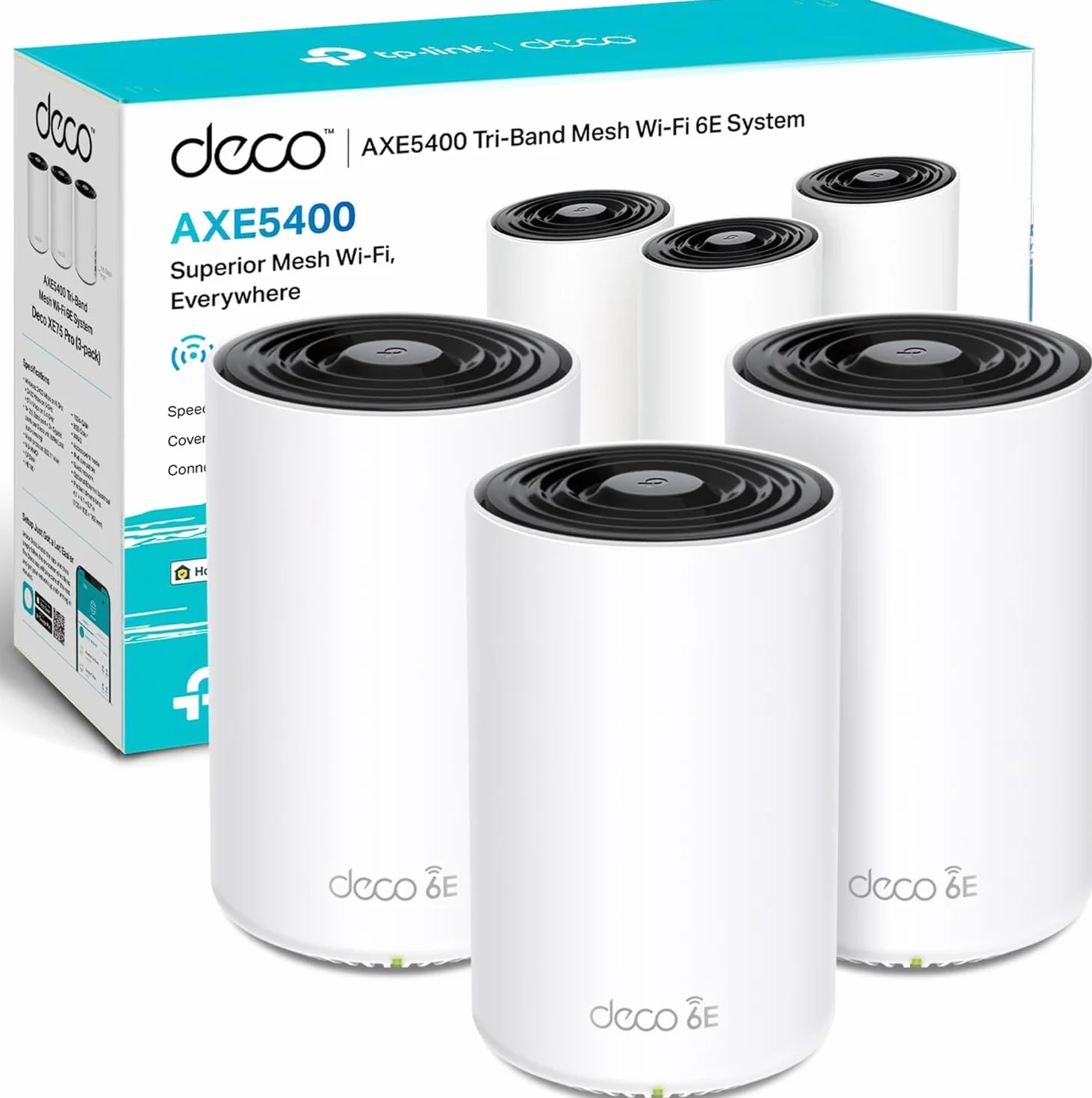 TP-Link Deco XE75 Pro (3-Pack), System Mesh WiFi 6E AXE5400, Trójzakresowy 2.4GHz/5GHz/6GHz, 1×2.5G + 2×1G Porty, OFDMA, MU-MIMO, AI-Driven Mesh, HomeShield, Obsługa do 200 urządzeń, Kolor: Biały