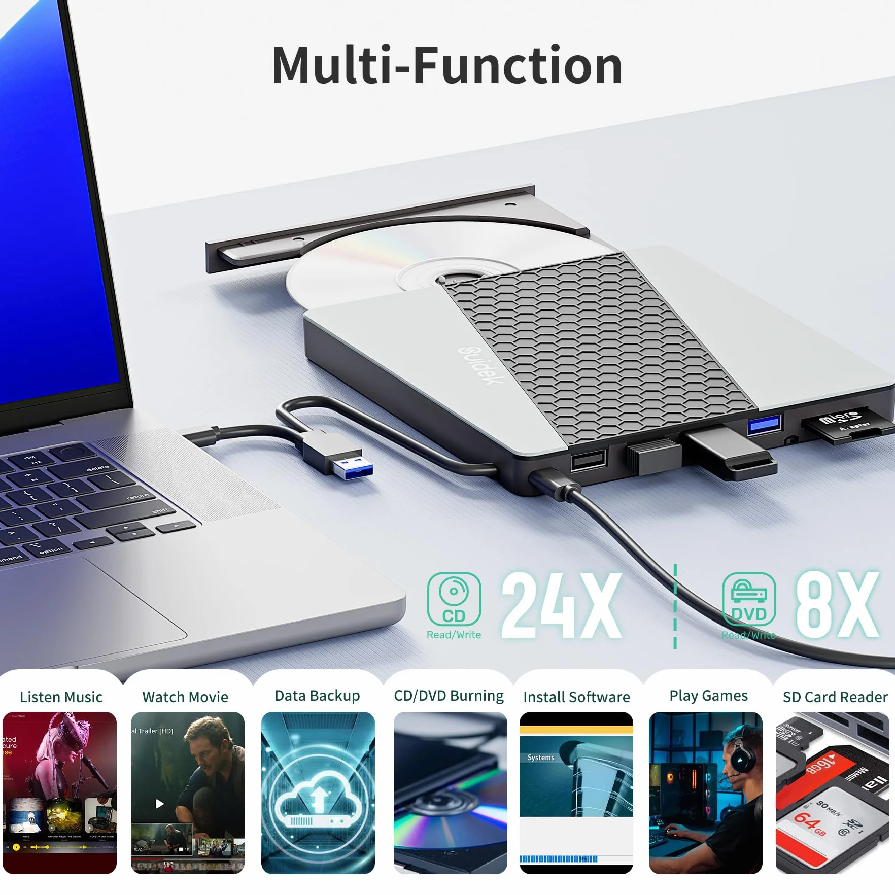 SUIDEK Zewnętrzny napęd CD/DVD, USB 3.0 USB C, przenośny odtwarzacz CD DVD +/-RW, odtwarzacz DVD z czytnikiem kart SD/Micro SD, koncentrator 7 w 1, kompatybilny z laptopem, komputerem stacjonarnym,