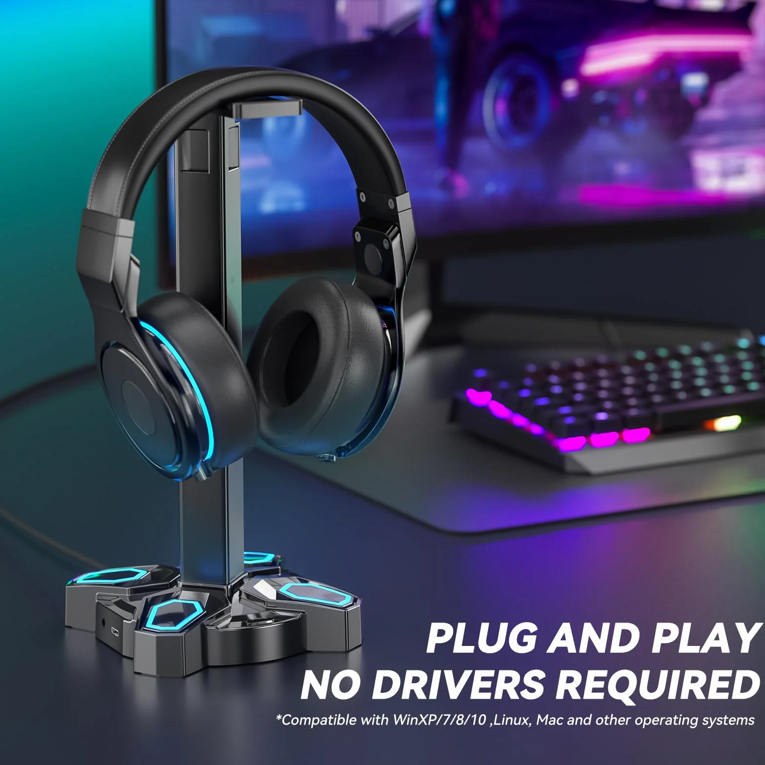 Stojak na Słuchawki Gaming RGB KDD, Obrotowy Stojak na Słuchawki z 9 Trybami Podświetlenia - Uchwyt na Kontroler z 2 Portami Ładowania USB i 3,5 mm - Wieszak na Słuchawki, Akcesoria na Biurko (Czarny)