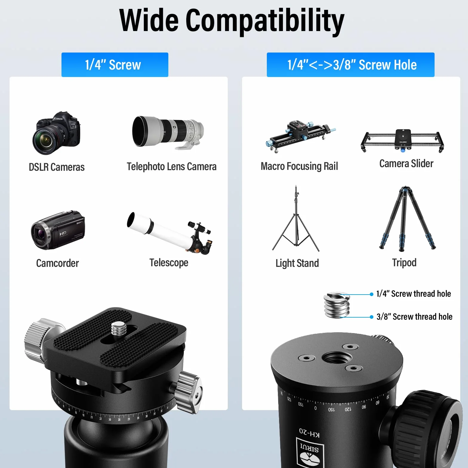 SIRUI Głowica kulowa statywu do aparatu, podwójna głowica panoramiczna 360° z metalową kulką 36 mm i płytką szybkiego zwalniania 1/4 cala do kamery DSLR, kamery, statywu, monopodu, maksymalnego