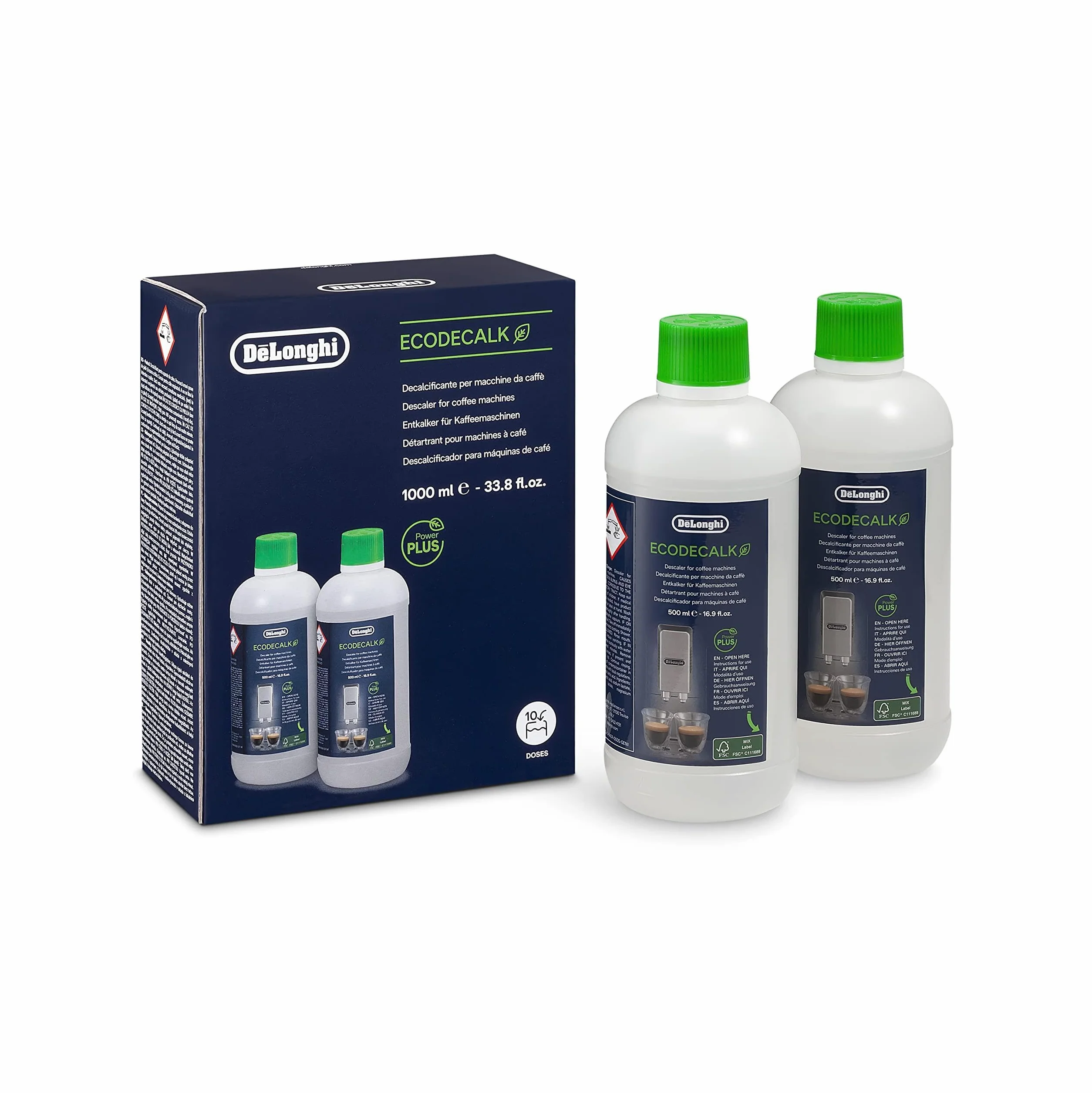 De'Longhi Oryginalny EcoDecalk DLSC502 – odkamieniacz do ekspresów do kawy i ekspresów do kawy, uniwersalny odkamieniacz do 10 procesów odkamieniania, 2 x 500 ml