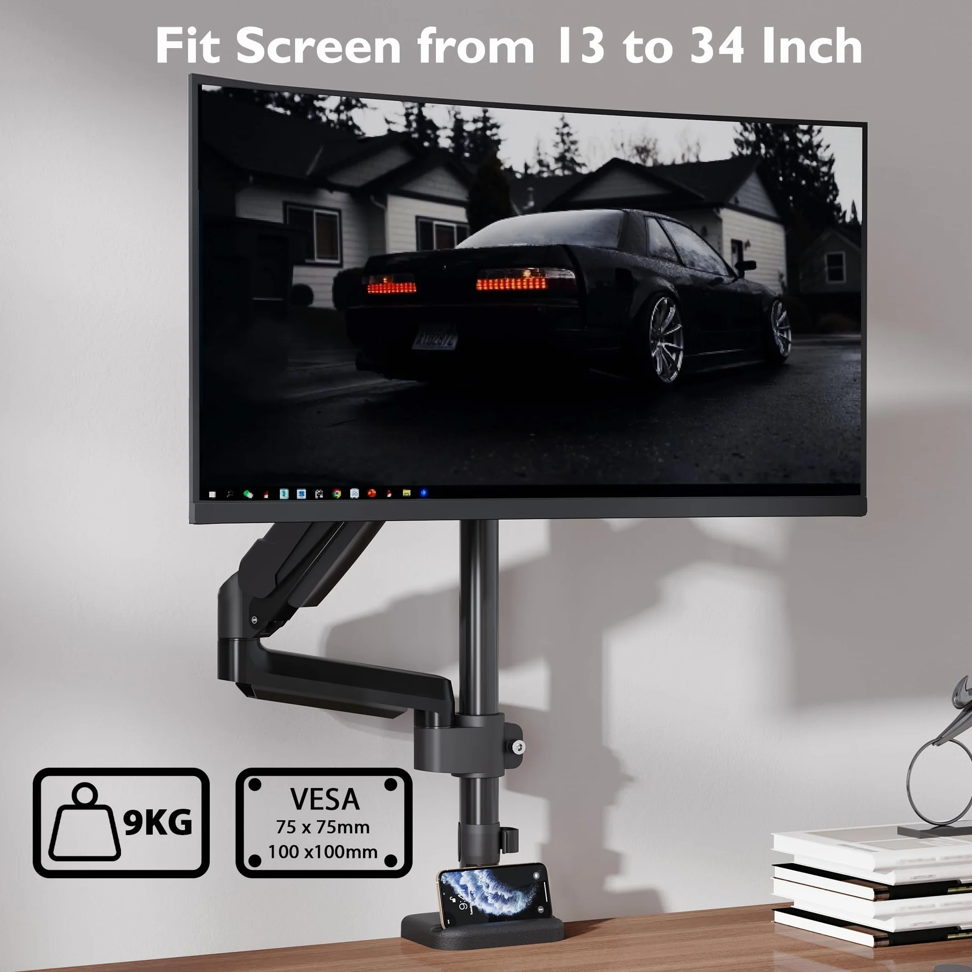 BONTEC Regulowany pojedynczy uchwyt do monitora 13–34 cale, ergonomiczny stojak z ramieniem na sprężynie gazowej i słupkiem, udźwig 9 kg, VESA 75x75mm i 100x100mm