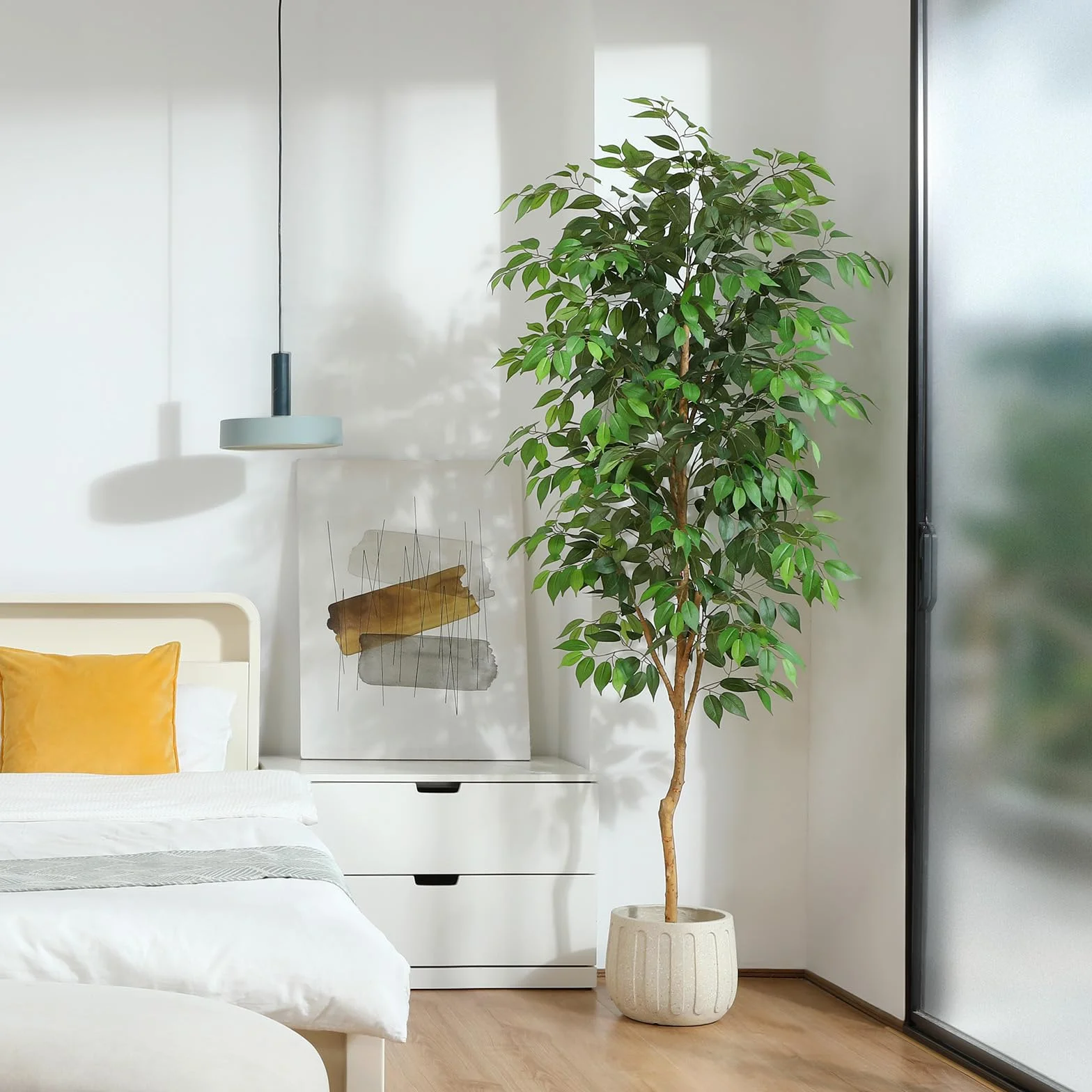Fopamtri Sztuczna roślina duża, 210 cm, Ficus Benjamina, sztuczna roślina z naturalnego drewna, roślina pokojowa, sztuczne drzewo w doniczce, do domu, biura, na balkon (1 sztuka)