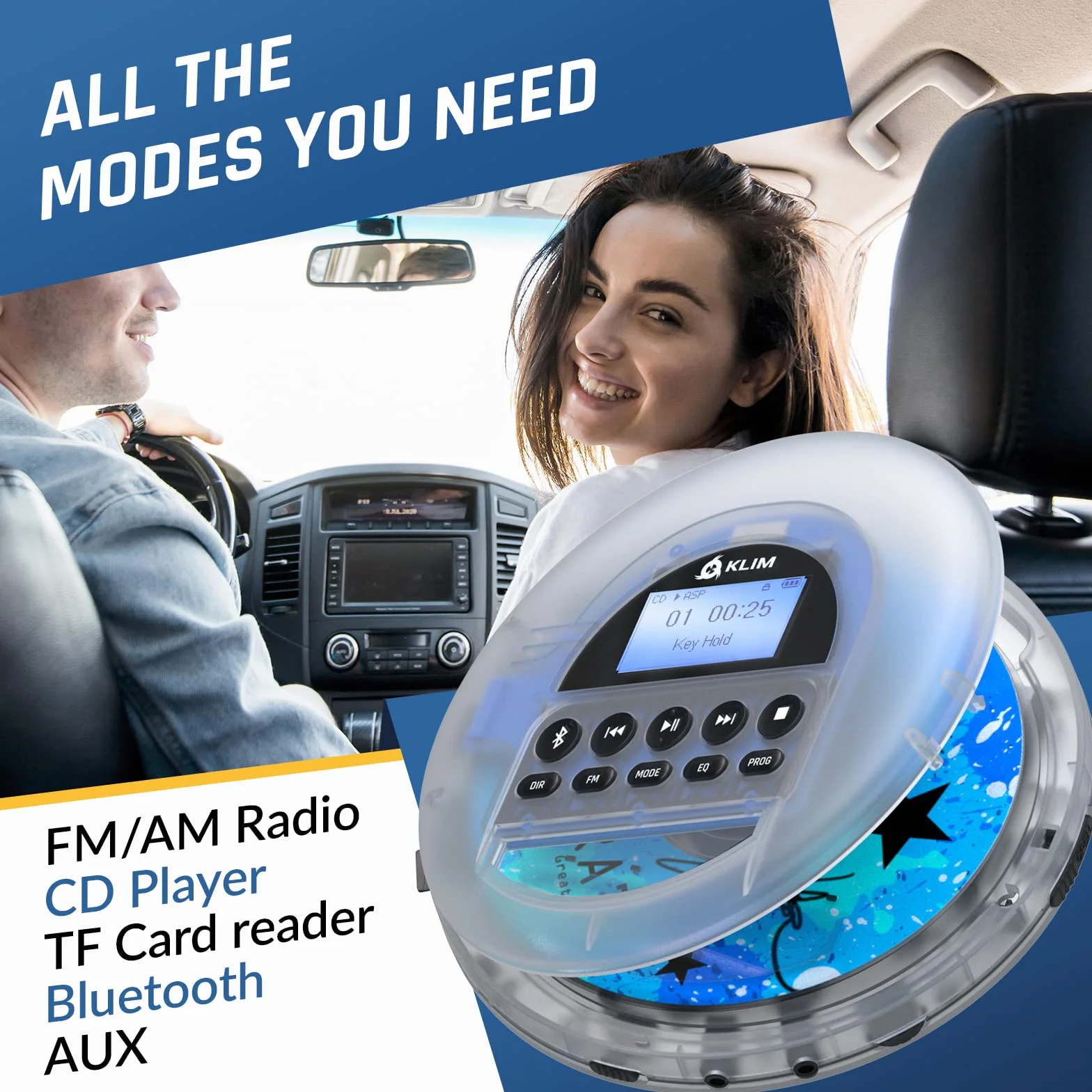 KLIM Nomad Transparent - NOWY - Przenośny odtwarzacz CD z długotrwałą baterią - w zestawie słuchawki - Radio FM - Przenośny odtwarzacz MP3 CD - Radio FM z kartą TF Bluetooth - Idealny do samochodów