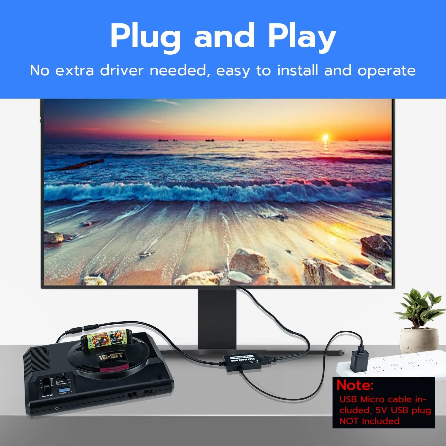 Mcbazel Seamless Mega Drive/NEOGEO HDMI Adapter for HDTV, Multifunction Video Converter 4:3/16:9, 720P/1080P for Mega Drive 1/Mega Drive 2/NEOGEO